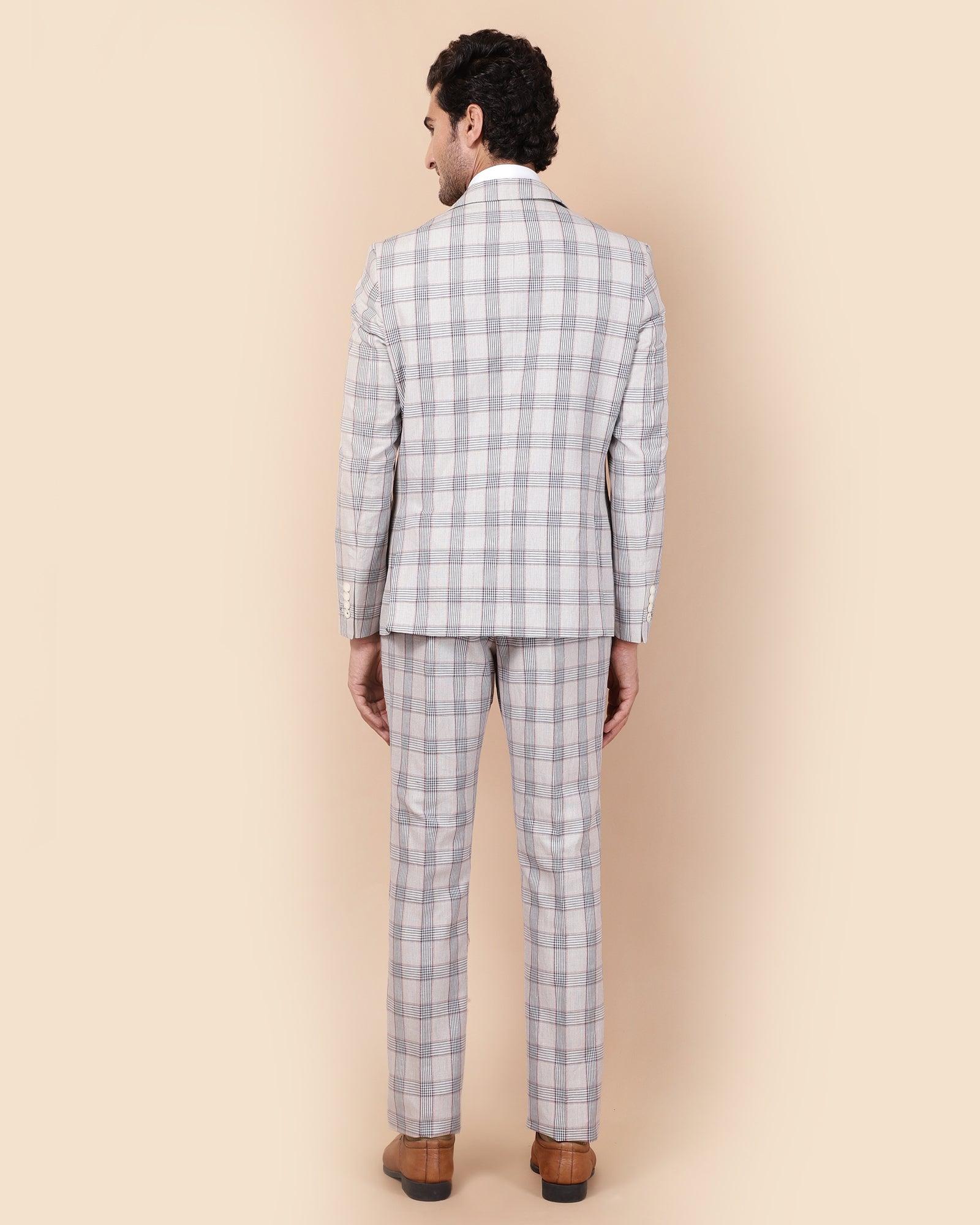 Linen Three Piece Light Grey Check Formal Suit - Meyer - Blackberrys