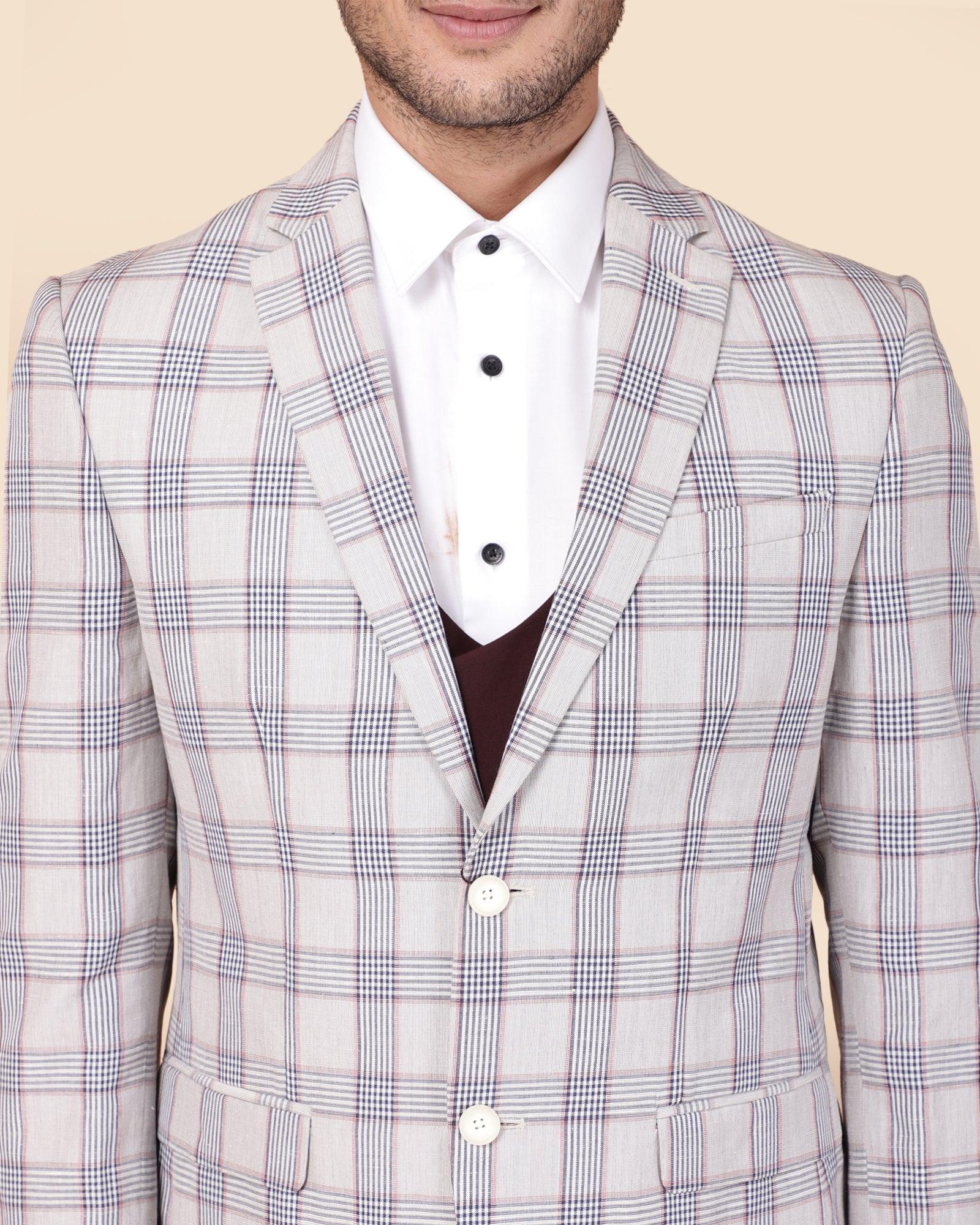 Linen Three Piece Light Grey Check Formal Suit - Meyer - Blackberrys