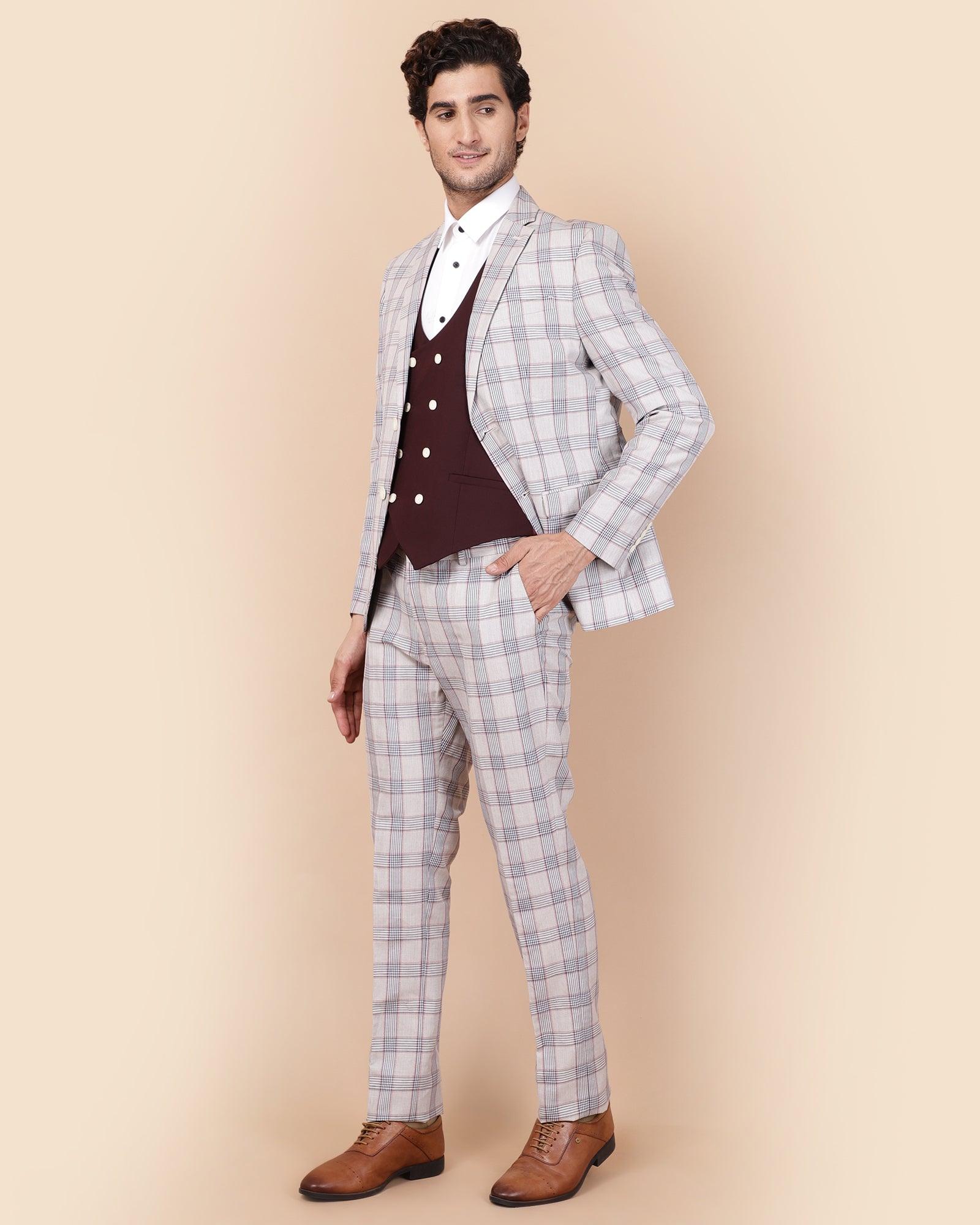 Linen Three Piece Light Grey Check Formal Suit - Meyer - Blackberrys