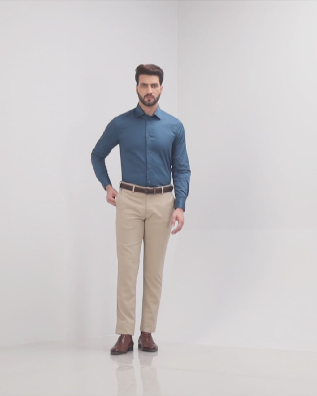 Men's Brown Vertical Striped Long Sleeve Shirt, Navy Dress Pants, Burgundy  Leather Derby Shoes, Brown Leather Belt | Lookastic