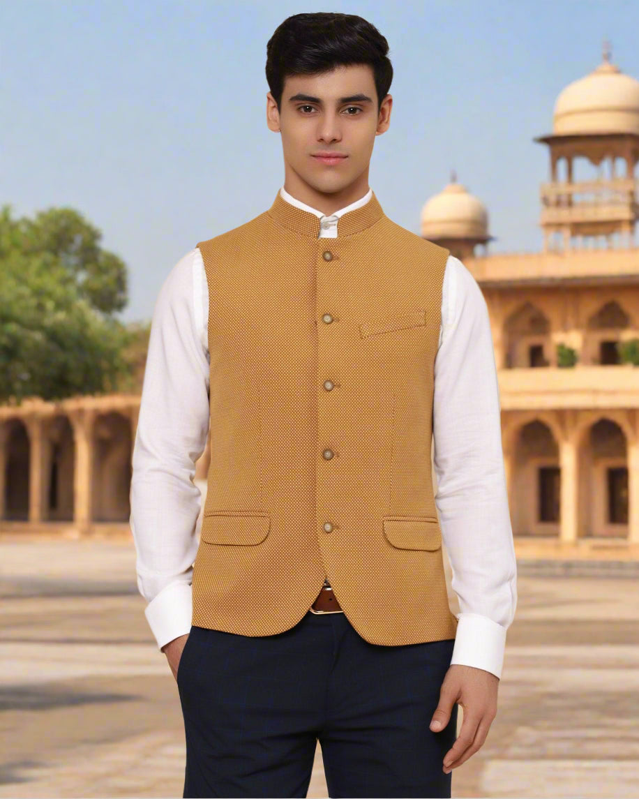 Buy Bandhgala Formal Ochre Textured Waistcoat Online