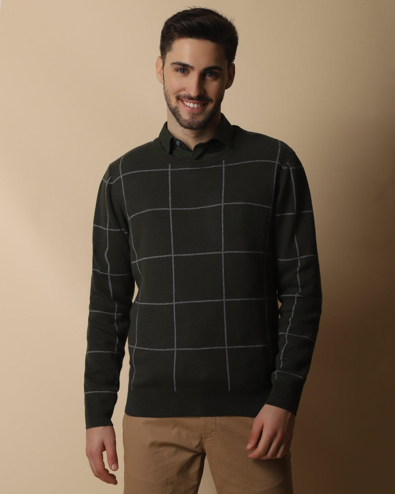 Crew Neck Olive Check Sweater - Altair