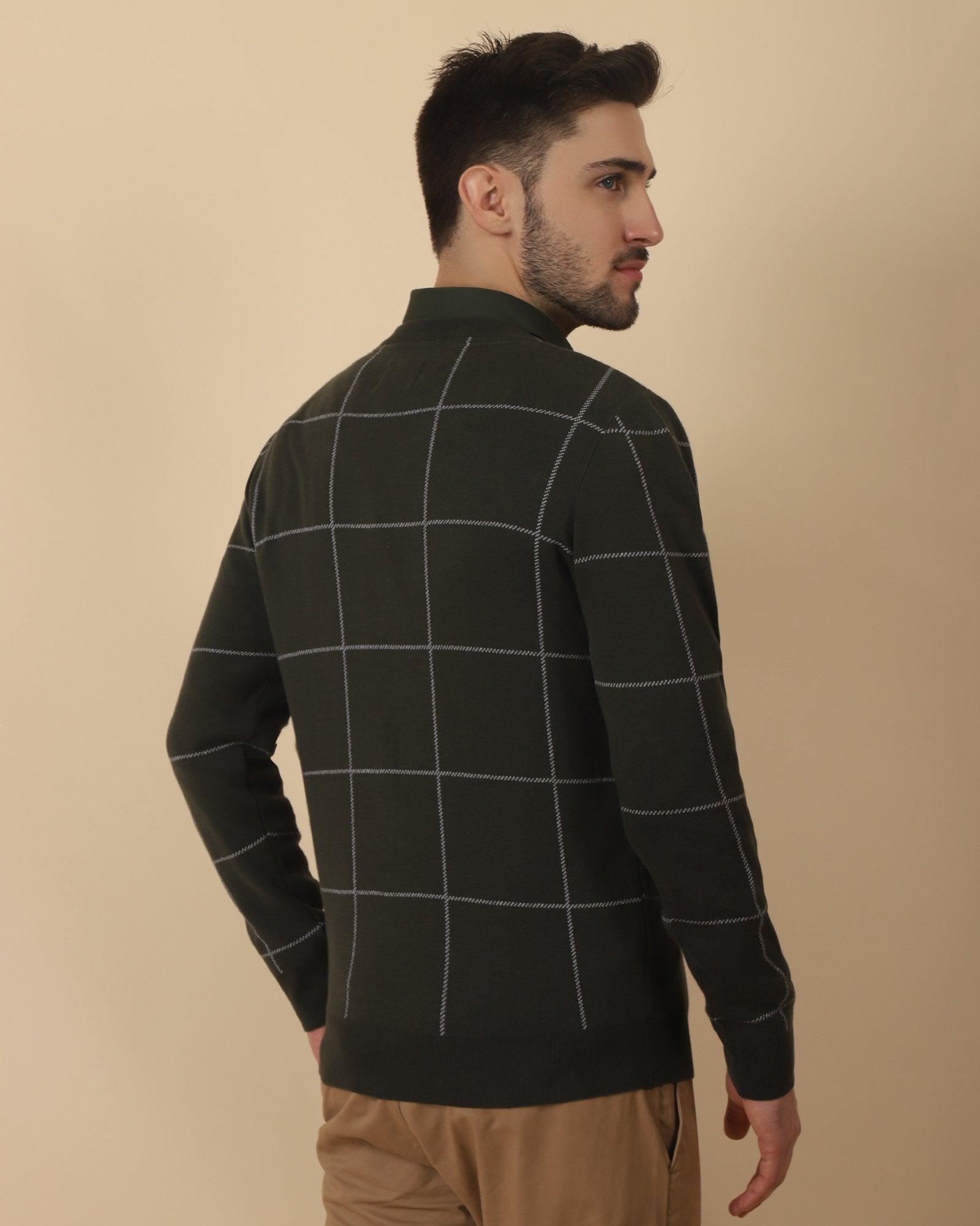 Crew Neck Olive Check Sweater - Altair