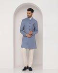 Linen Swarn Two Piece Blue Solid Achkan Set - Bruse - Blackberrys