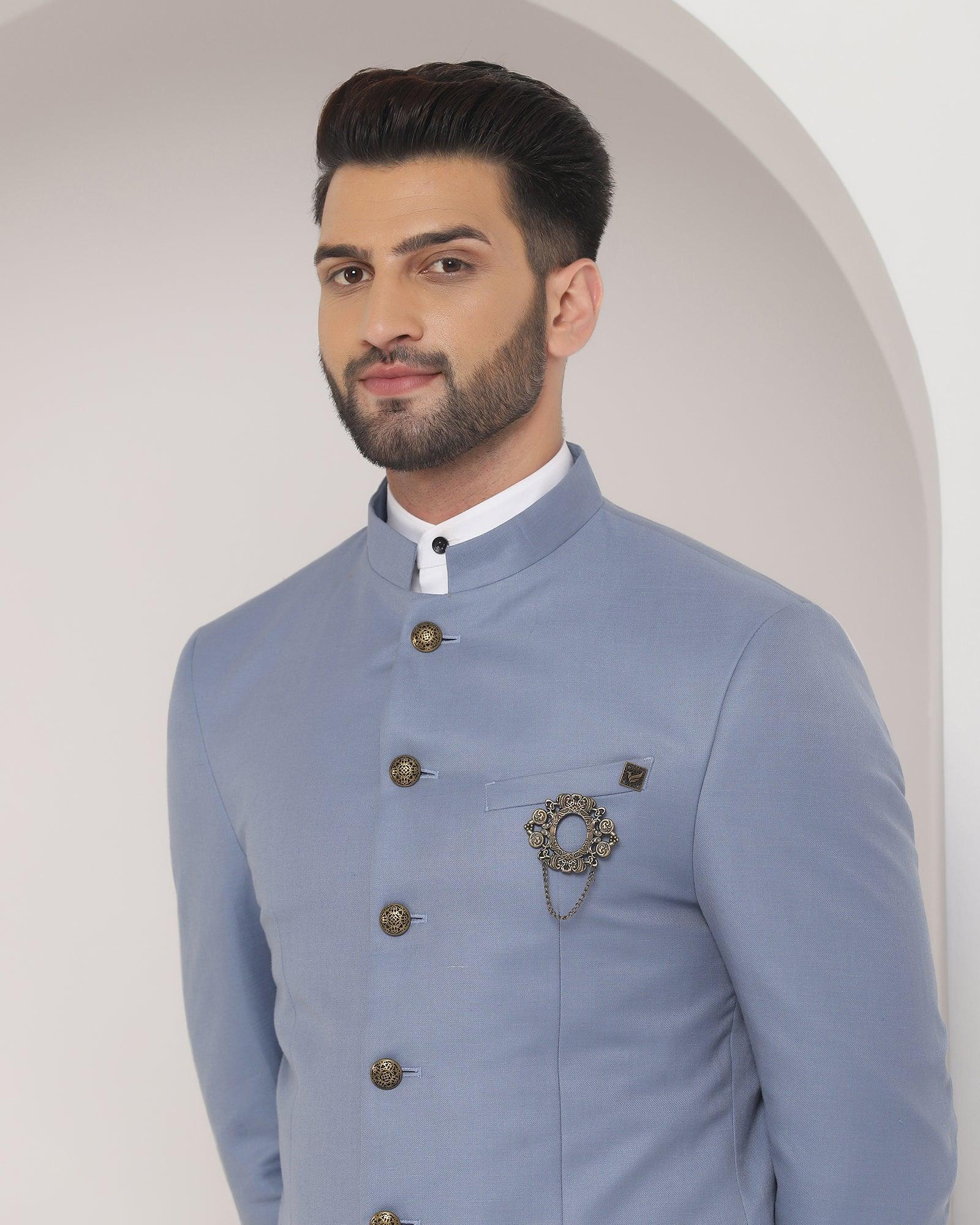 Linen Swarn Two Piece Blue Solid Achkan Set - Bruse - Blackberrys