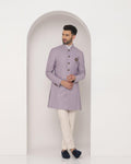 Linen Swarn Two Piece Violet Solid Achkan Set - Bruse - Blackberrys