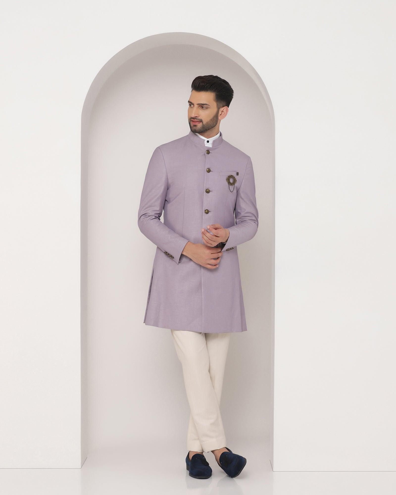 Linen Swarn Two Piece Violet Solid Achkan Set - Bruse - Blackberrys