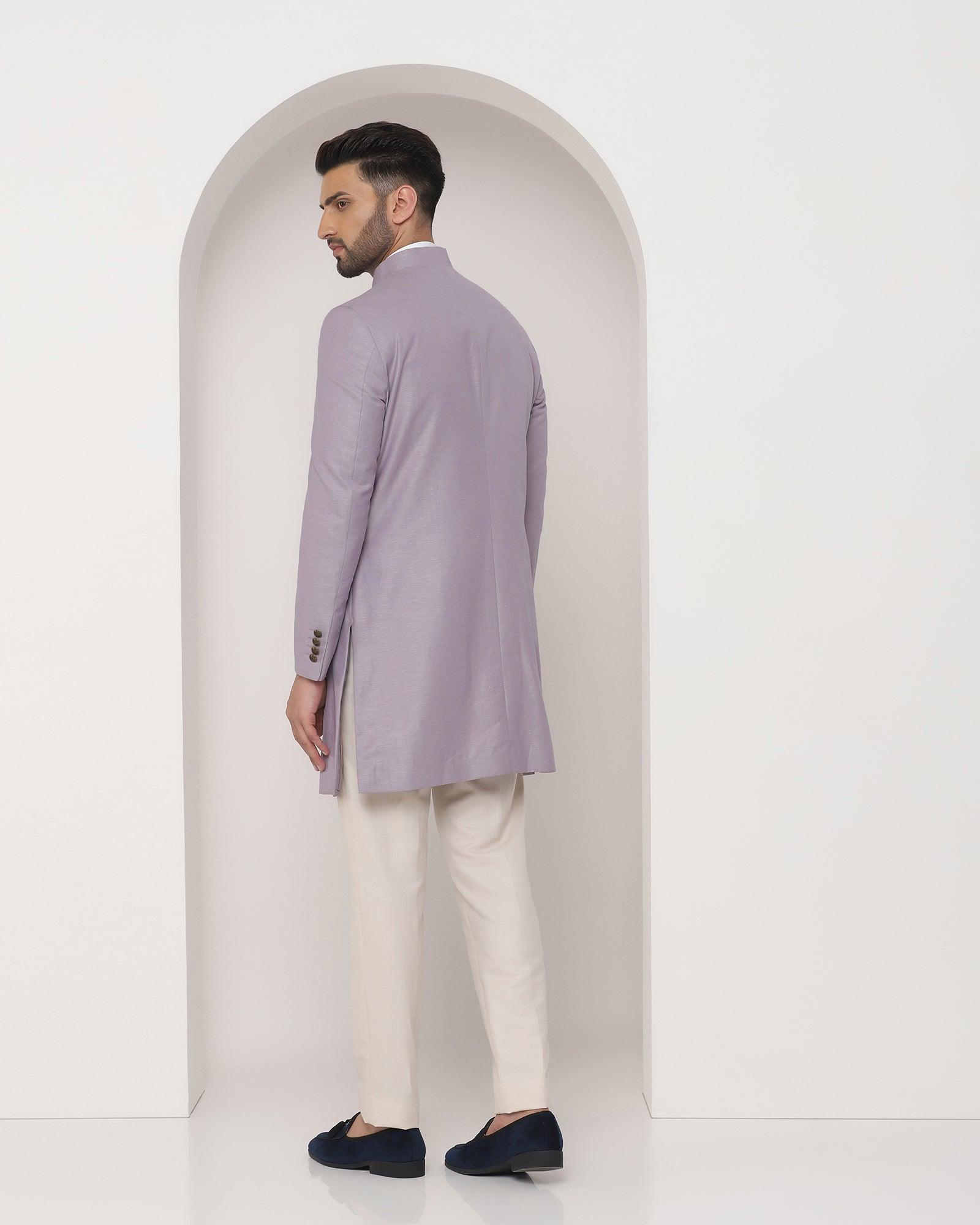 Linen Swarn Two Piece Violet Solid Achkan Set - Bruse - Blackberrys
