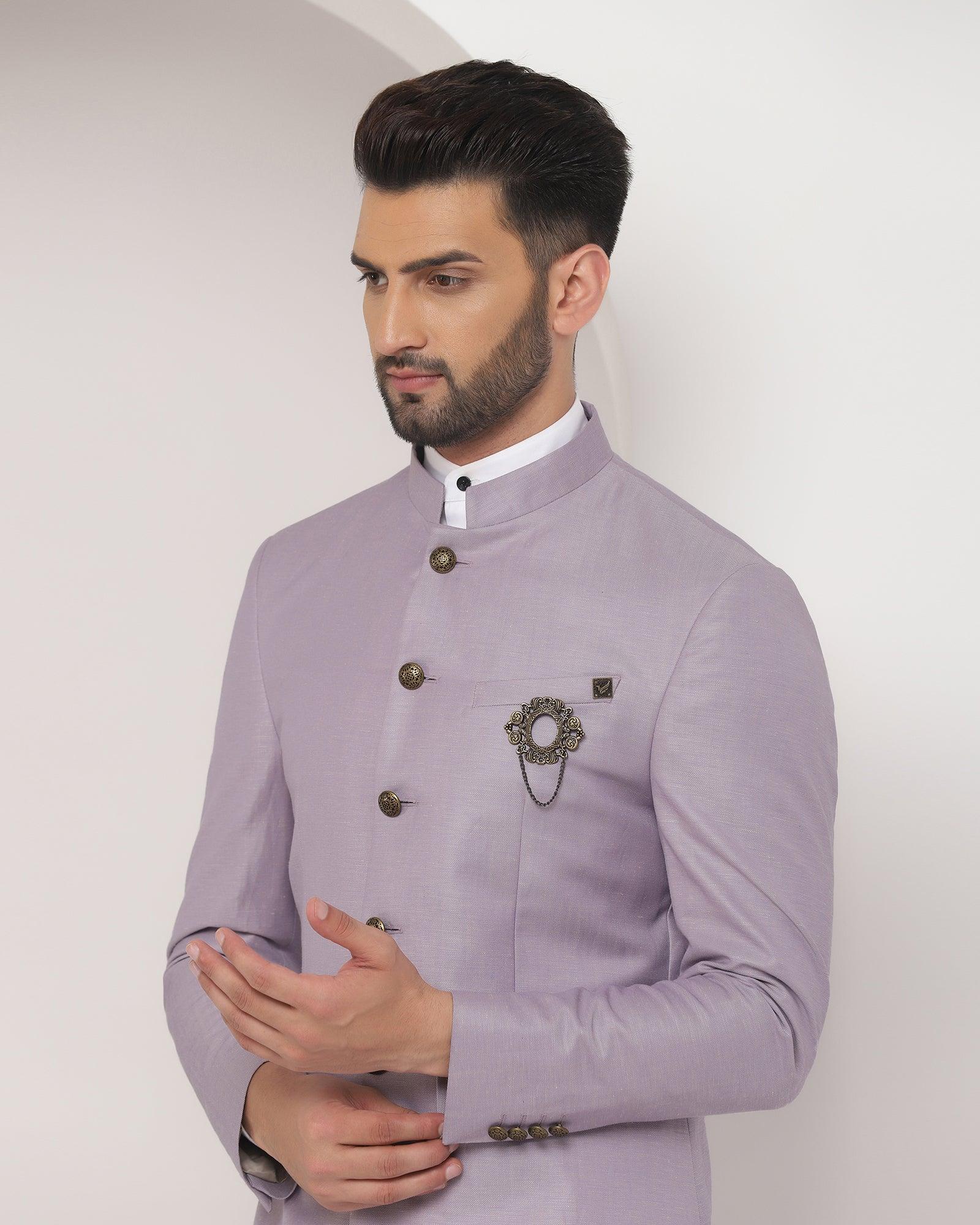 Linen Swarn Two Piece Violet Solid Achkan Set - Bruse - Blackberrys