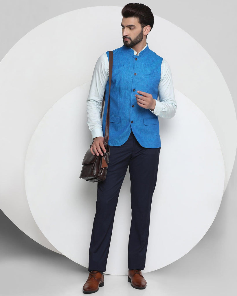 Linen Casual Blue Textured Waistcoat - Celeb