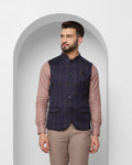 Check Formal Bandhgala Waist Coat In Dark Blue (Alfredo) - Blackberrys