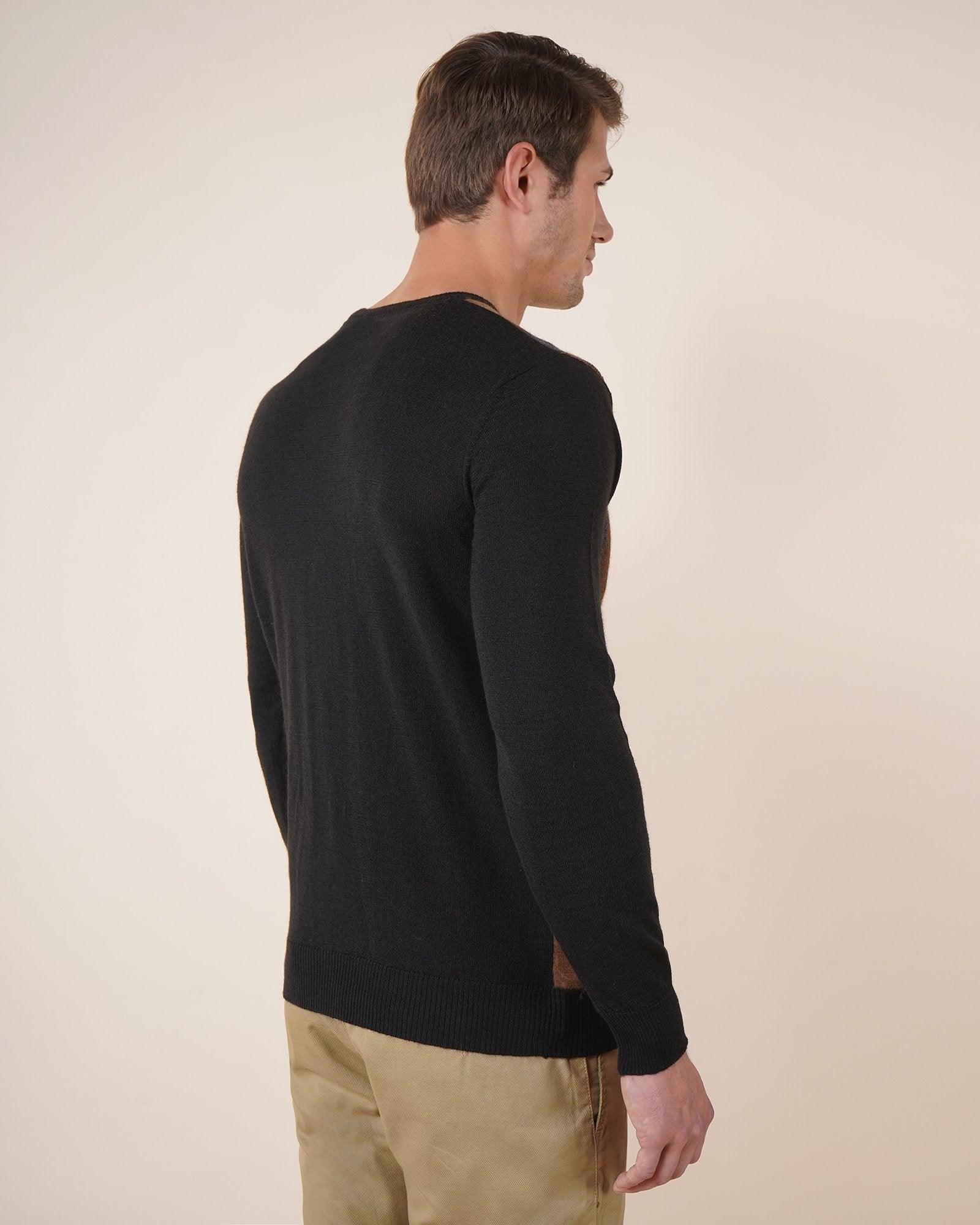 V-Neck Jet Black Textured Sweater - Erecta