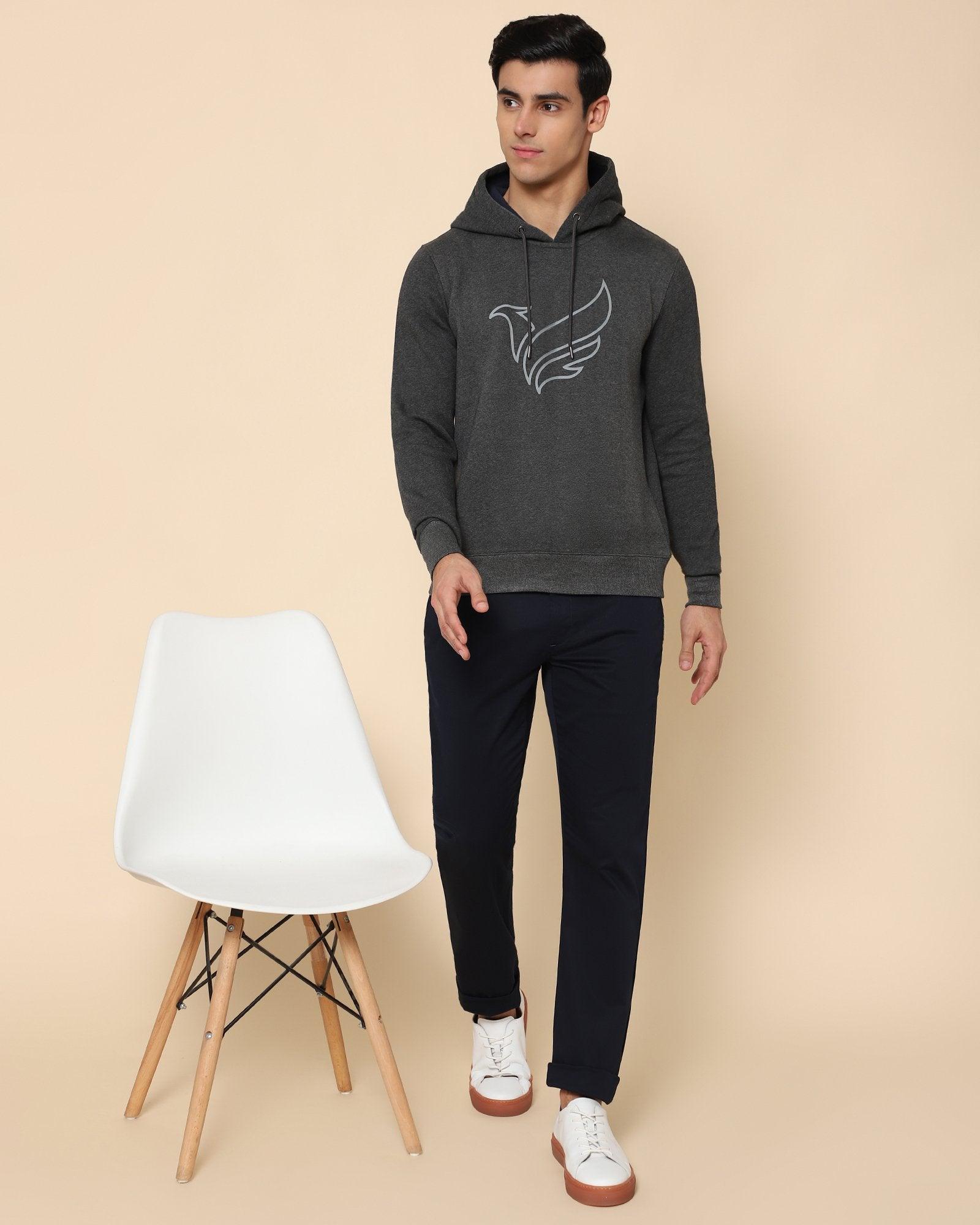 Hoodie Charcoal Melange Printed Sweatshirt - Freder