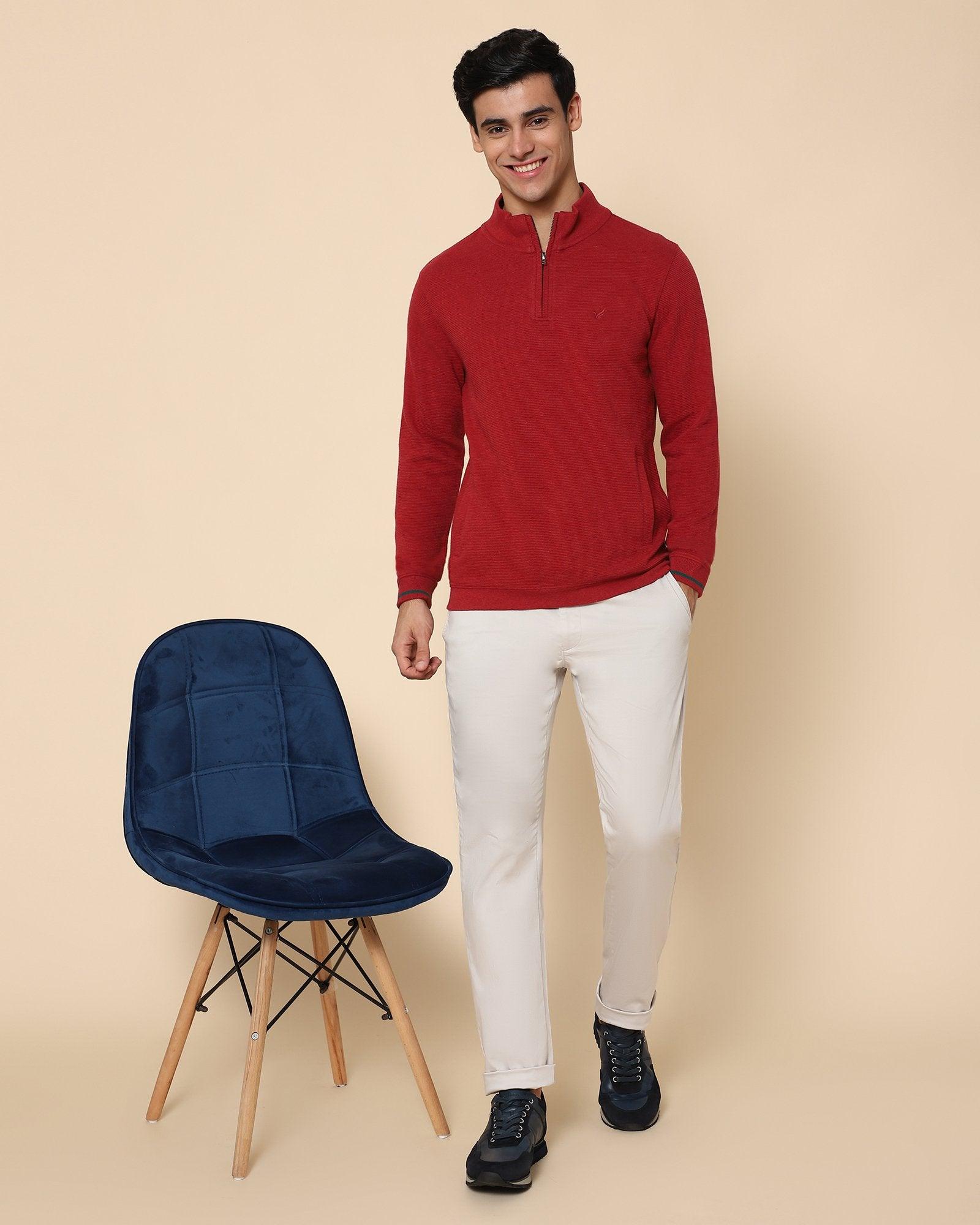 High Neck Red Melange Textured Sweatshirt - Hamish