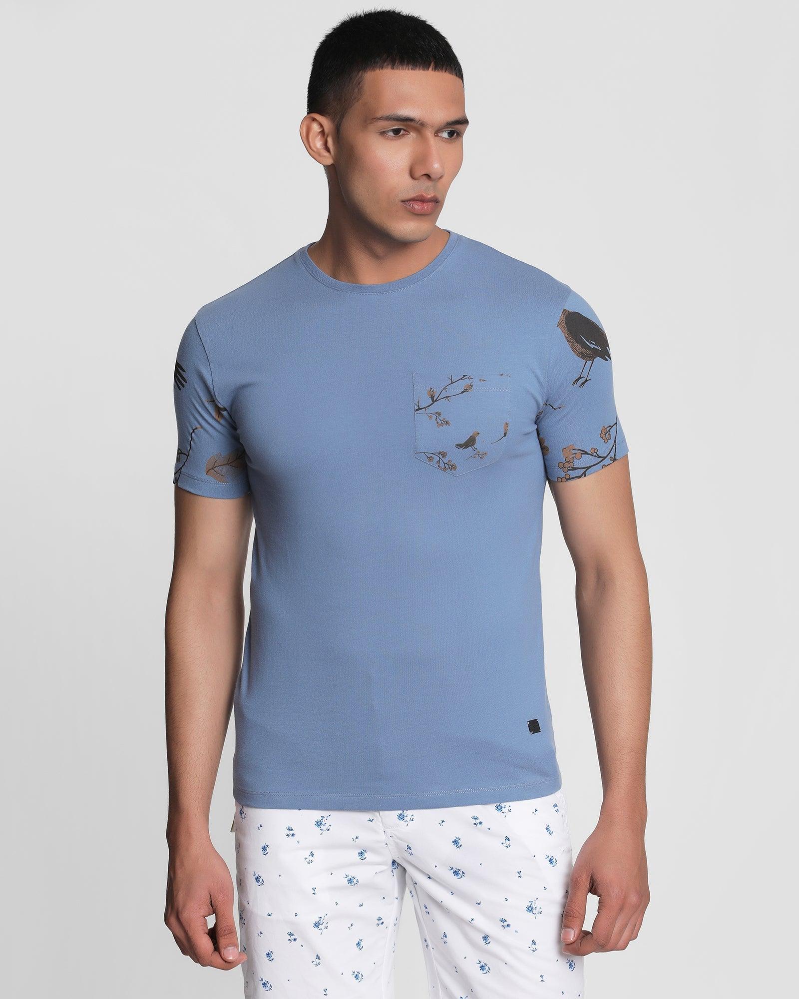 Crew Neck Powder Blue Printed T Shirt - Harold