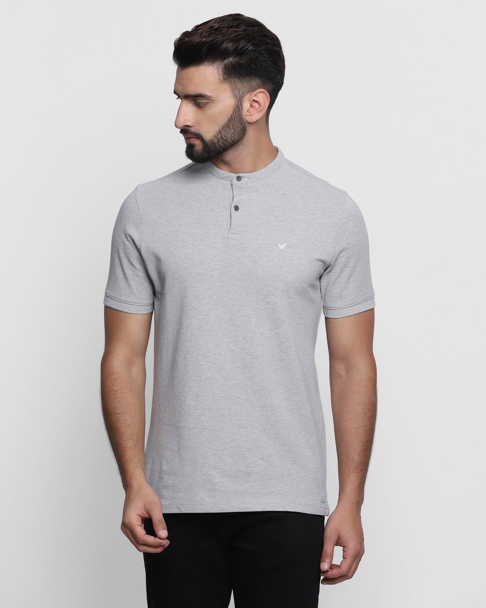 Mandarin Collar Grey Melange Solid T Shirt - Kell