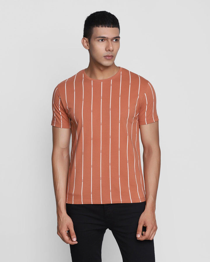 Crew Neck Brown Striped T-Shirt - Matrix