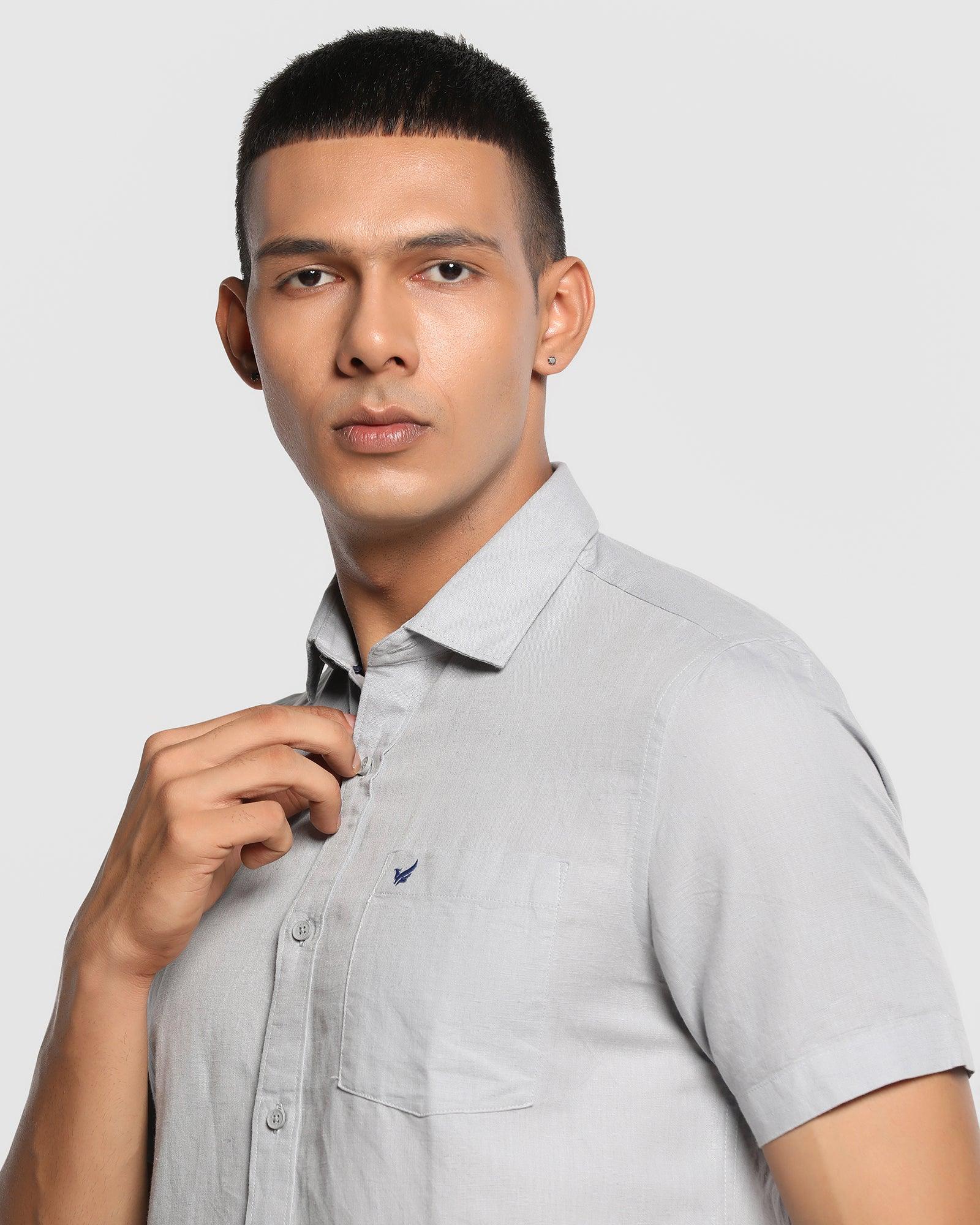 Linen Formal Half Sleeve Grey Solid Shirt - Salmon