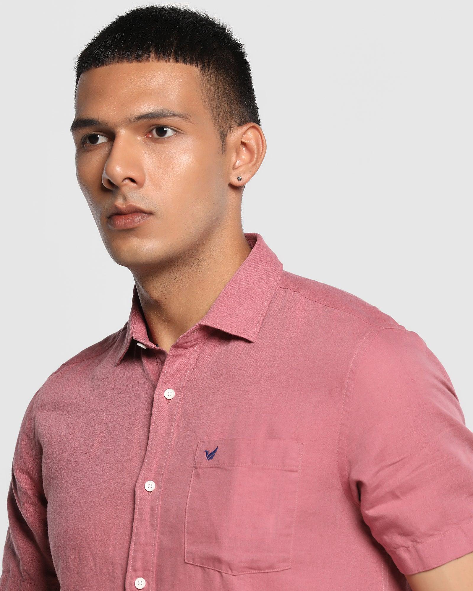 Linen Formal Half Sleeve Pink Solid Shirt - Salmon