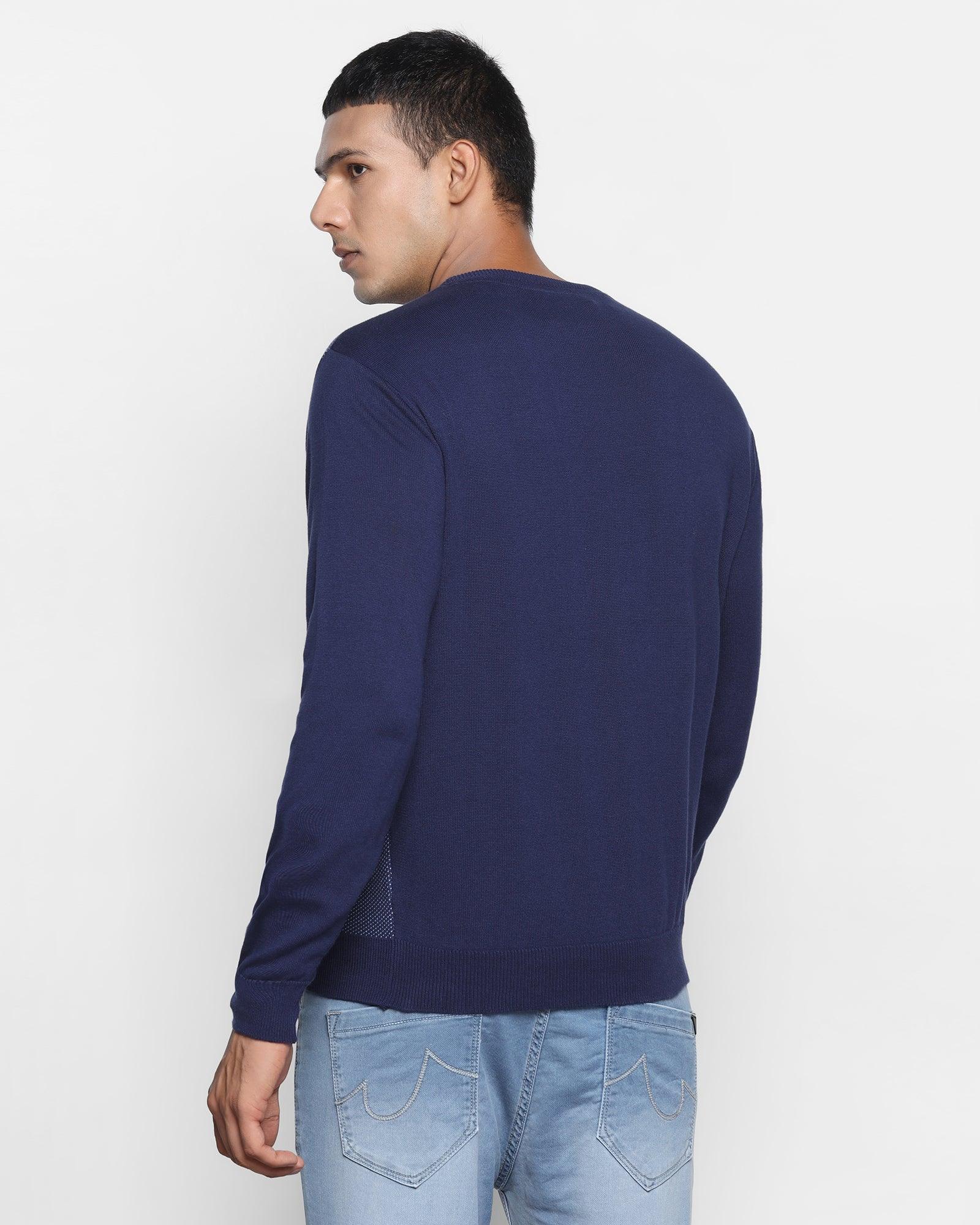 Crew Neck Ink Blue Textured Sweater - Jaxon