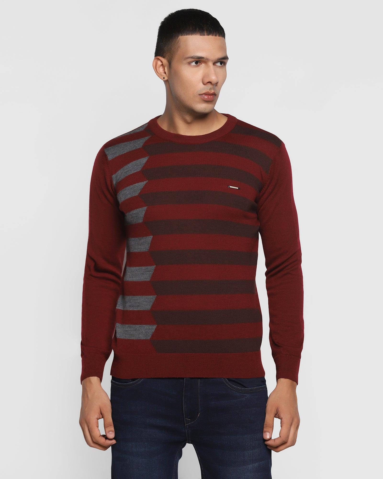 Crew Neck Maroon Printed Sweater - Leech