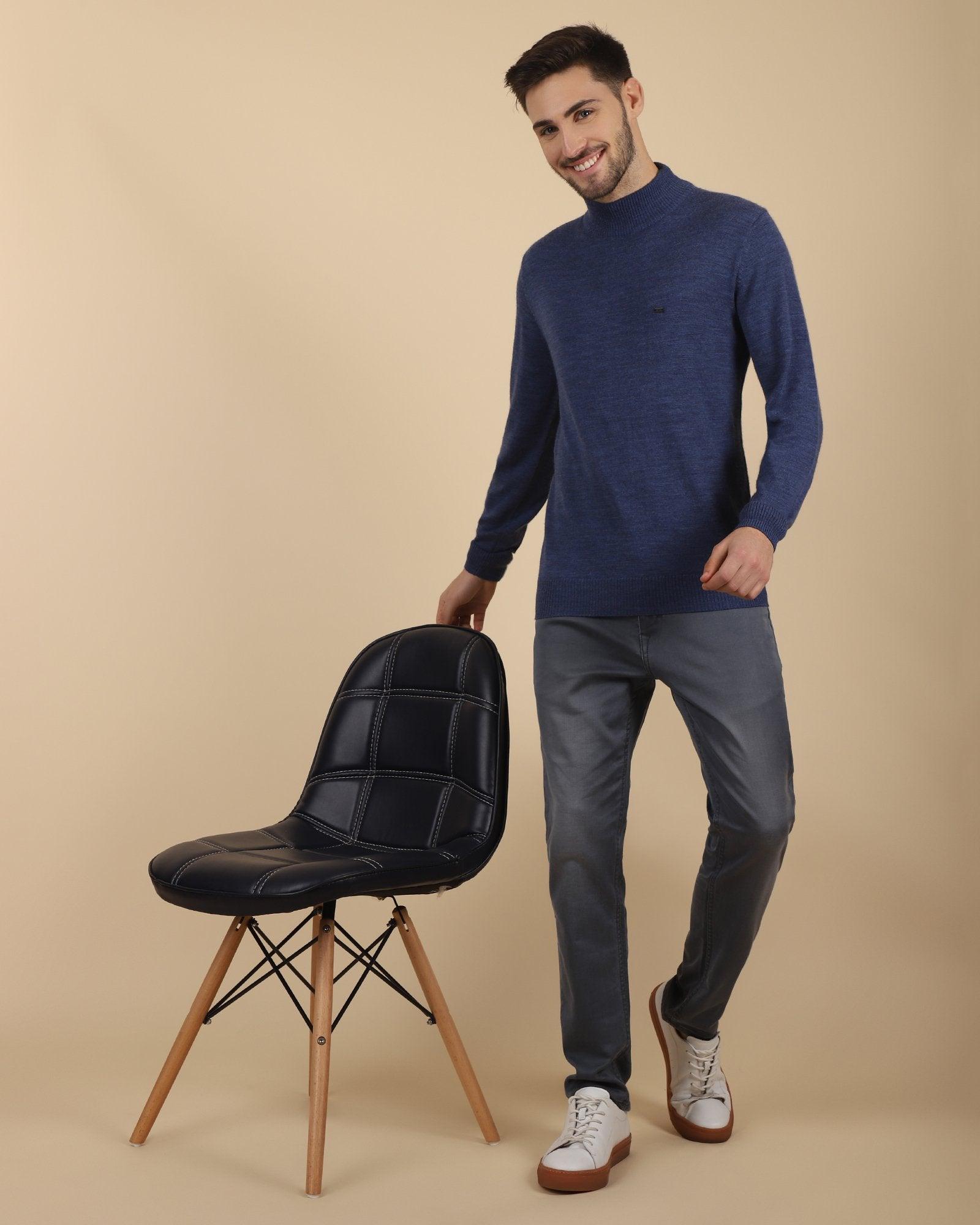 High Neck Electric Blue Solid Sweater - Rigel