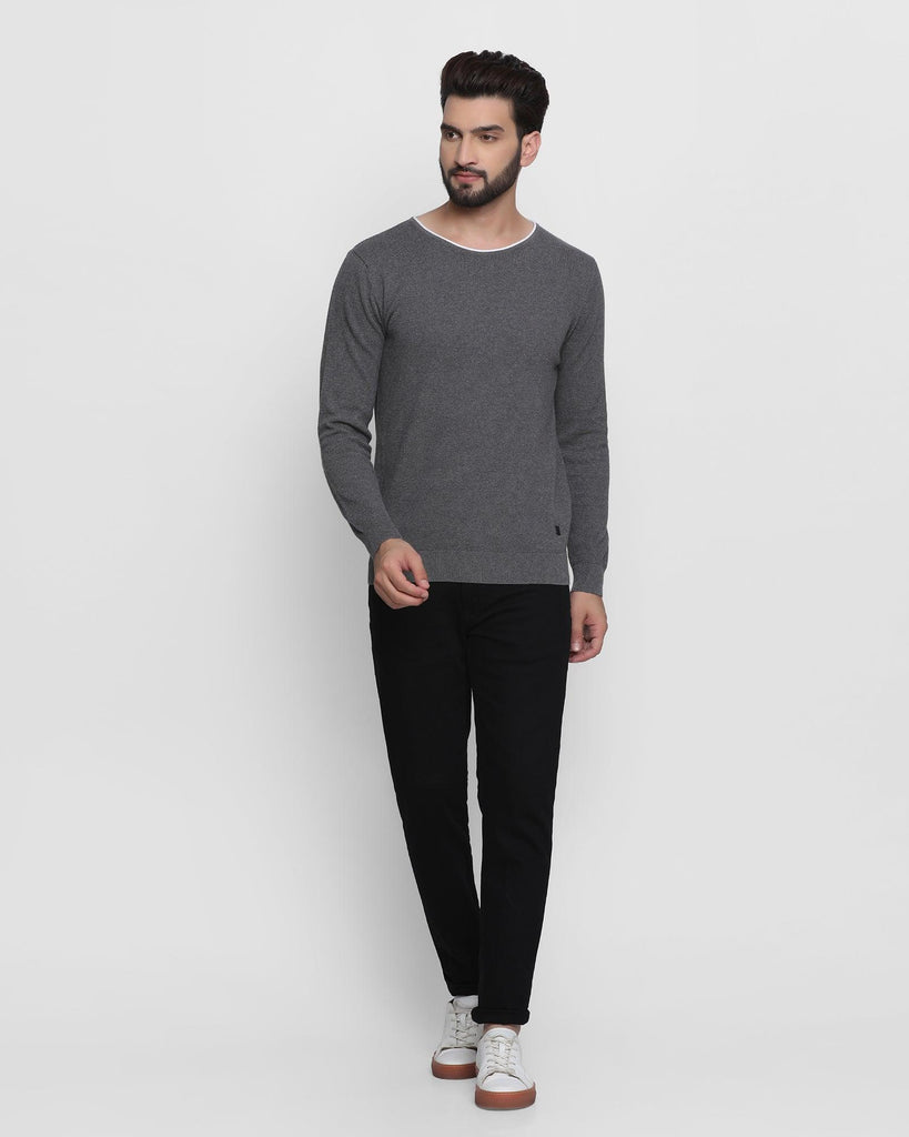 Crew Neck Ash Grey Solid Sweater - Akio