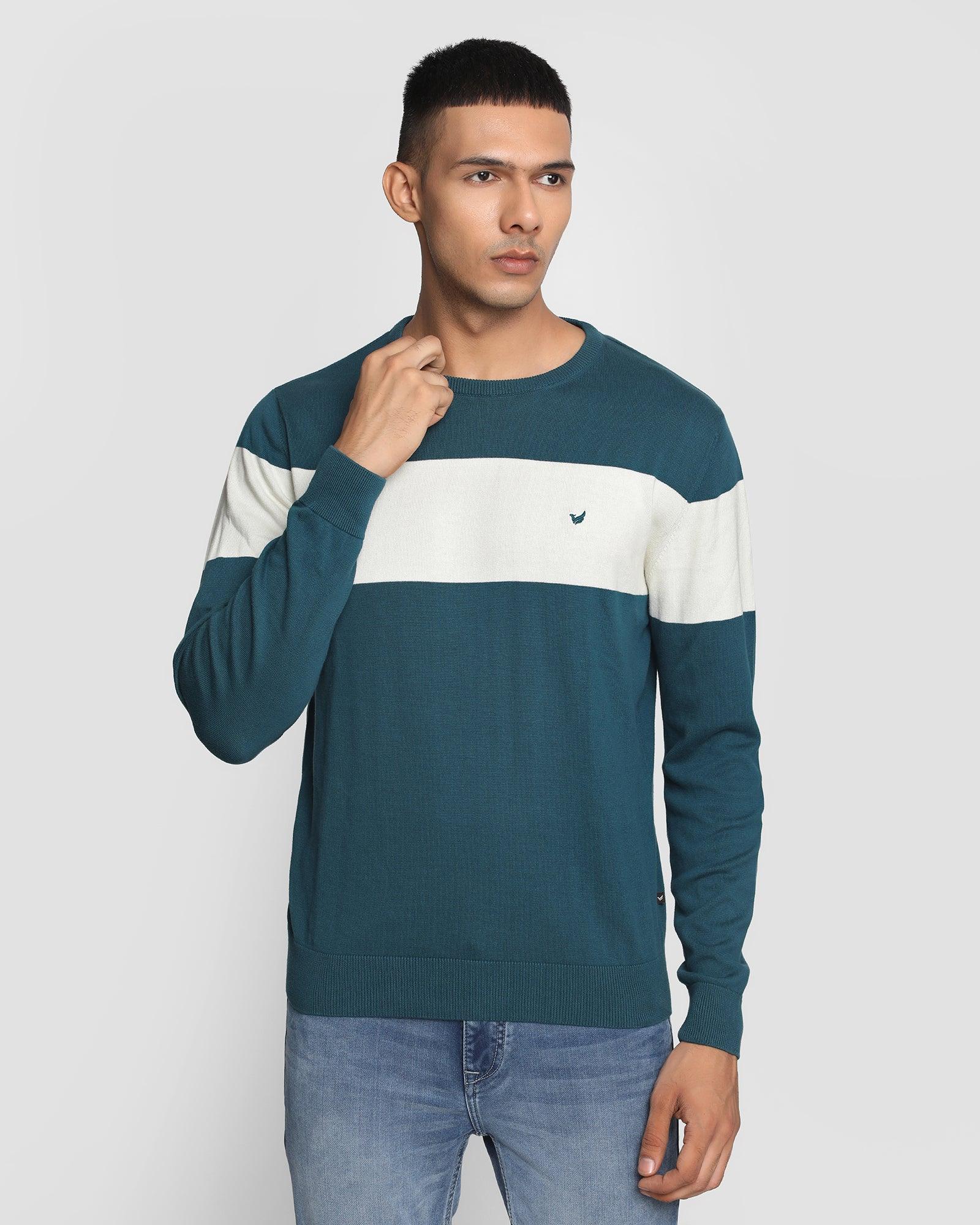 Crew Neck Teal Green Solid Sweater - Everet