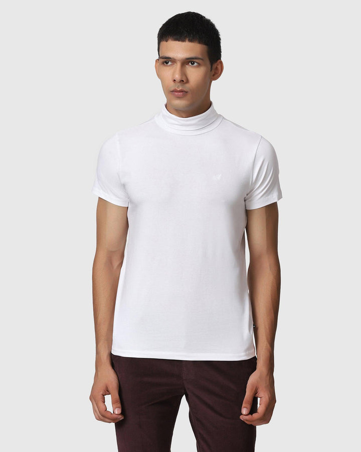 Turtle Neck White Solid T-Shirt - Joe