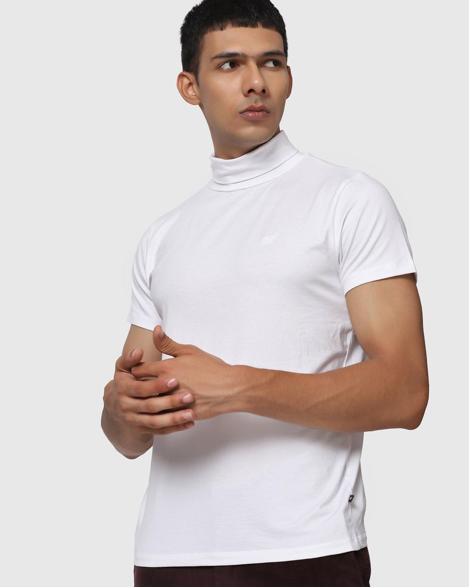 Turtle Neck White Solid T Shirt - Joe