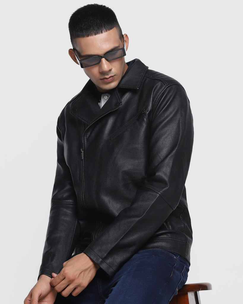 Biker Black Solid Zipper Jacket - Reder