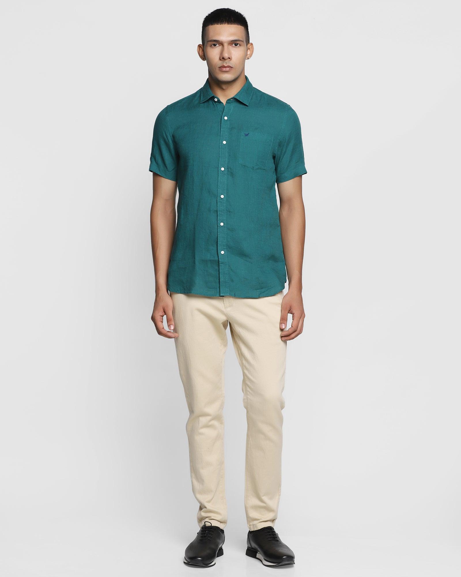Linen Formal Half Sleeve Green Solid Shirt - Bowen