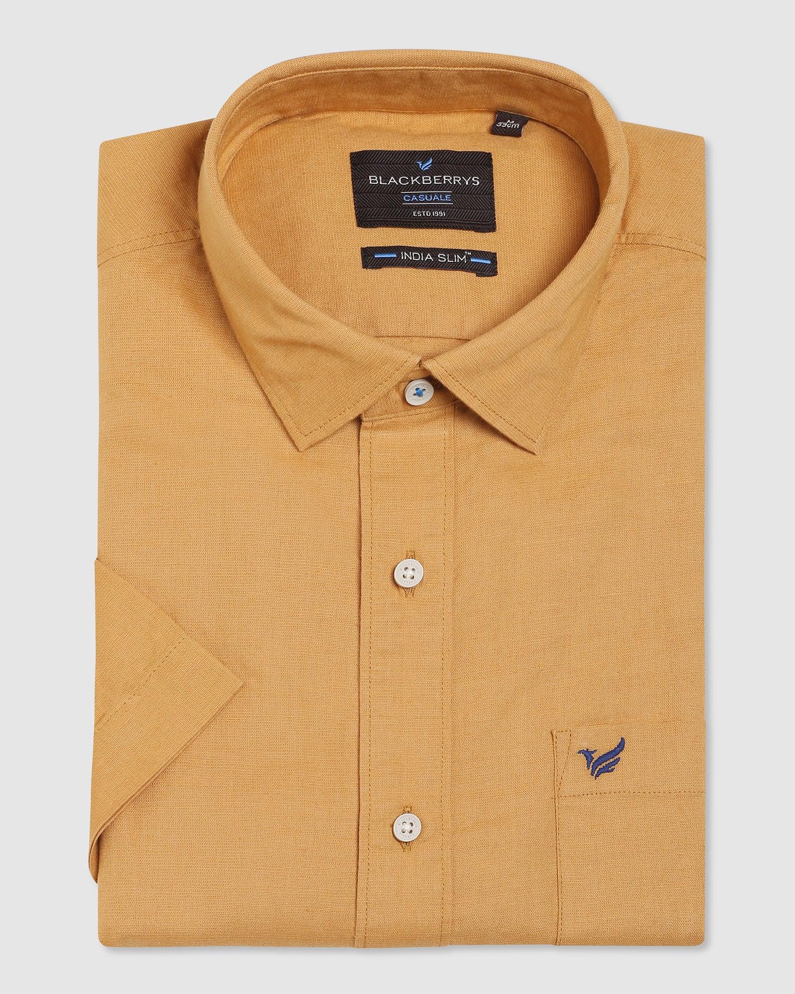 Linen Formal Half Sleeve Ochre Solid Shirt - Lang
