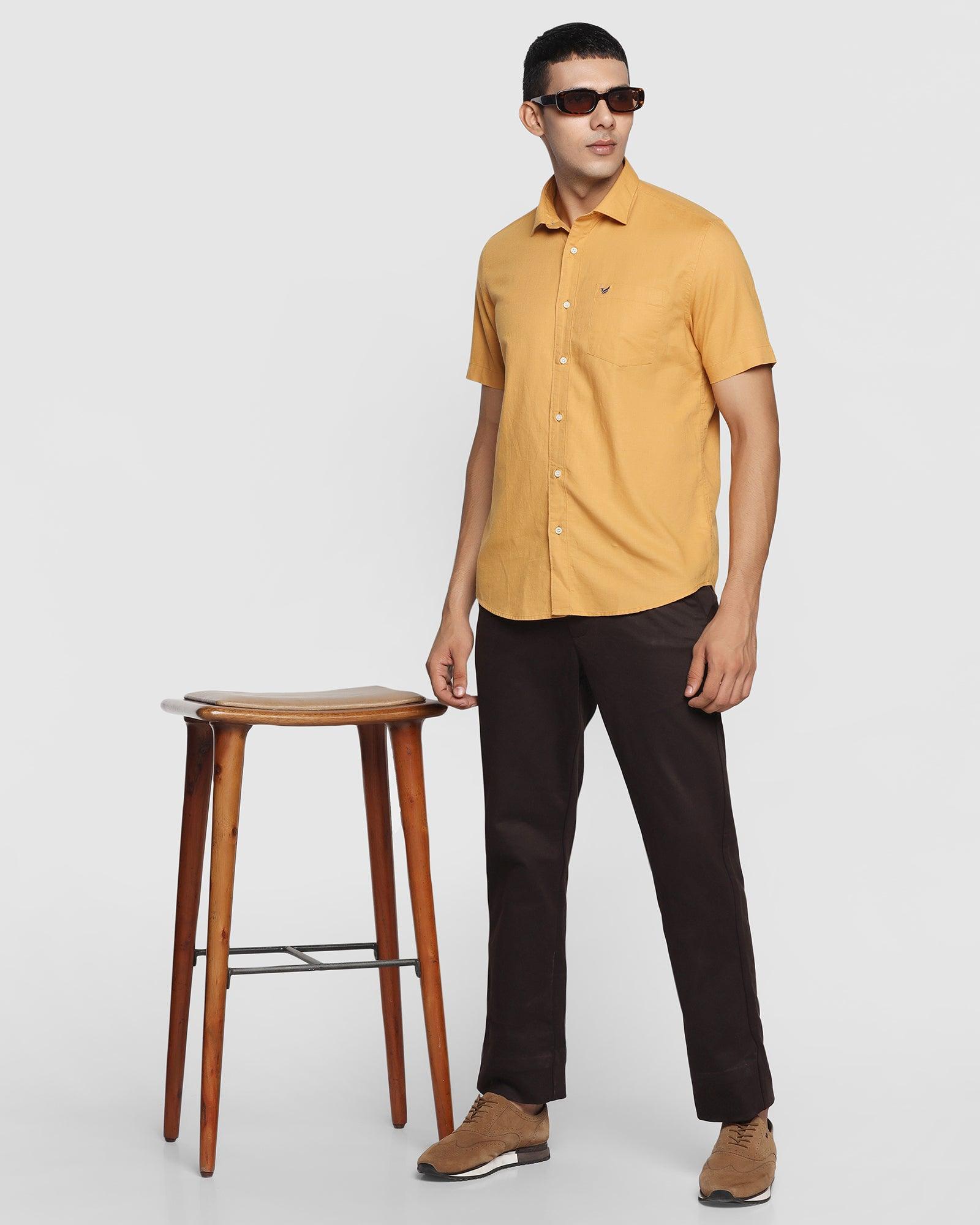 Linen Formal Half Sleeve Ochre Solid Shirt - Lang