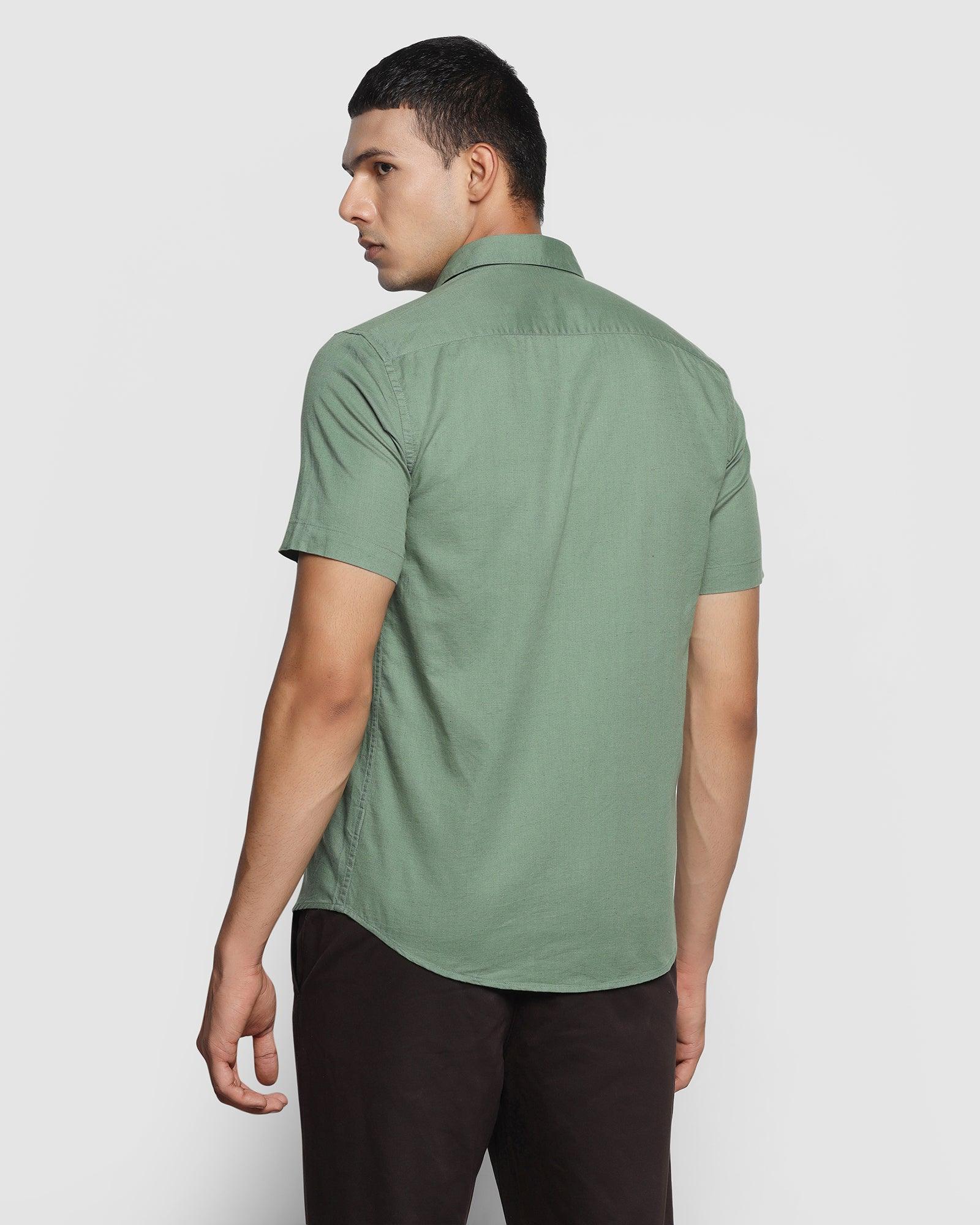 Linen Formal Half Sleeve Olive Solid Shirt - Lang
