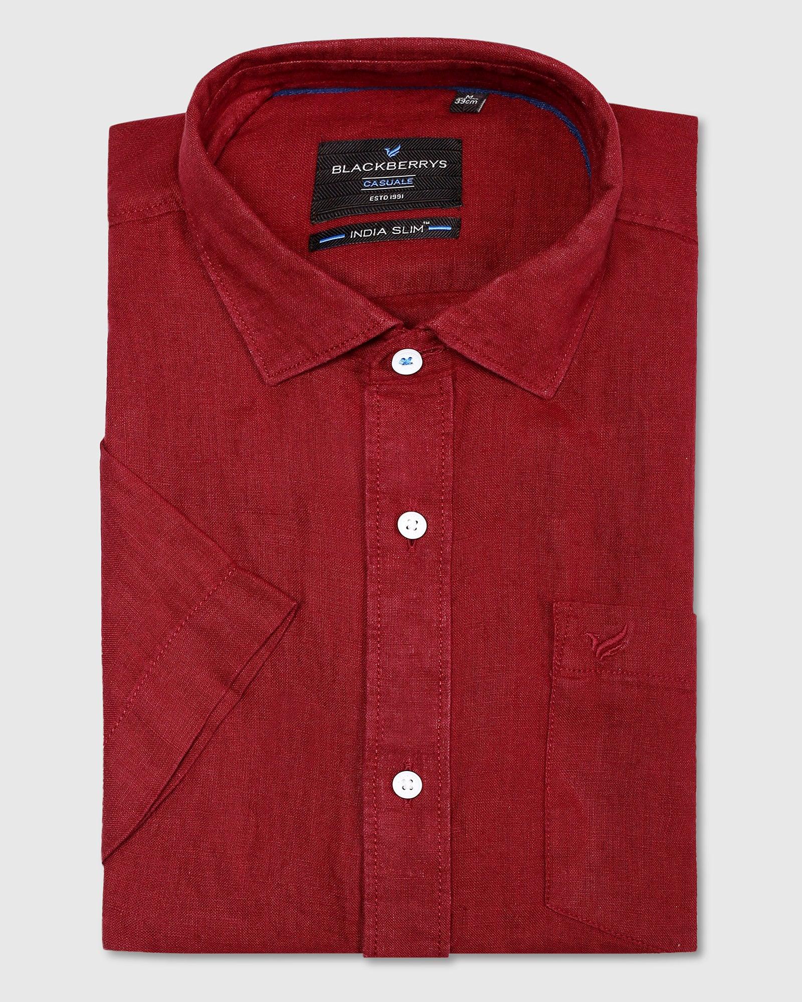 Linen Formal Half Sleeve Red Solid Shirt - Bowen