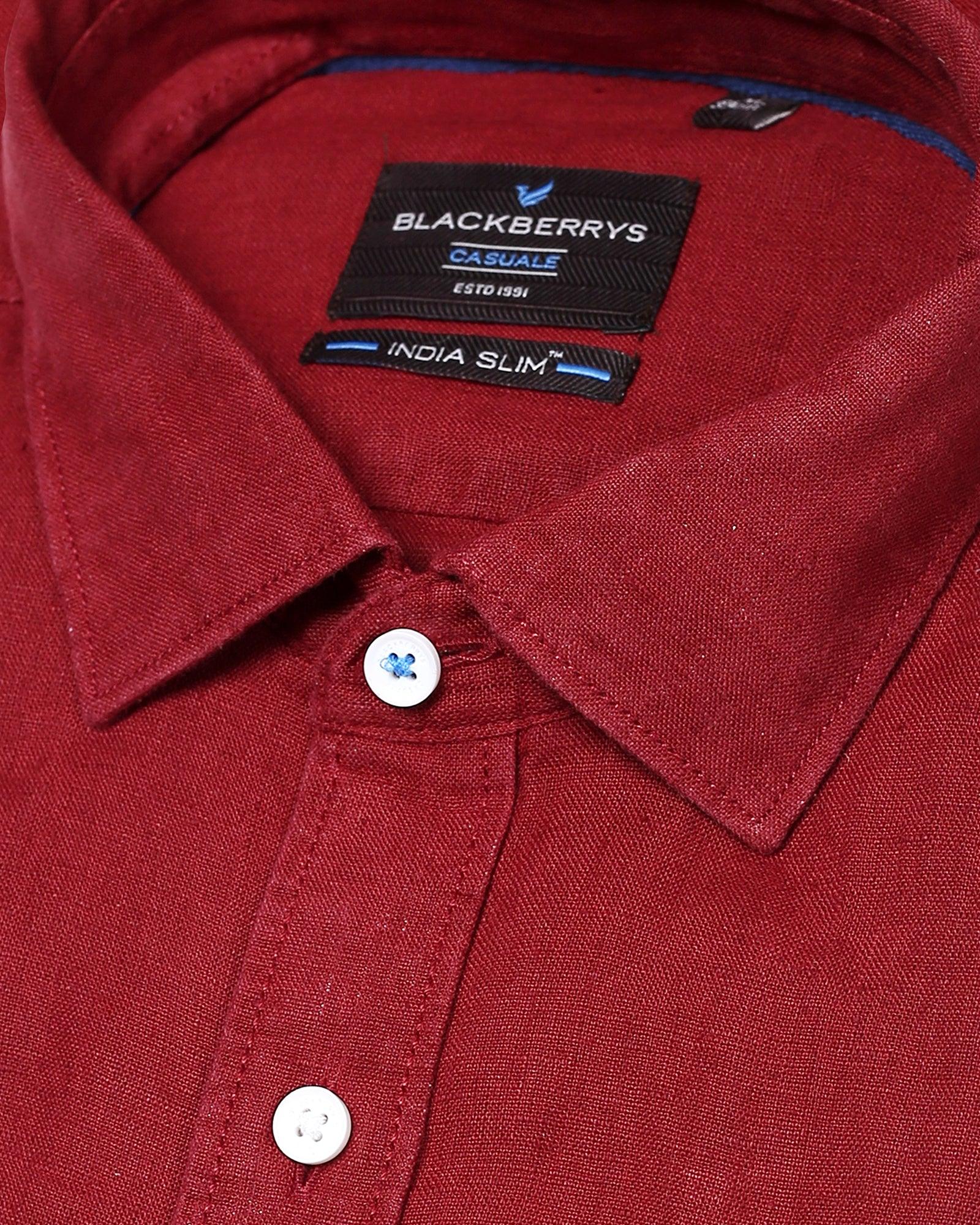 Linen Formal Half Sleeve Red Solid Shirt - Bowen