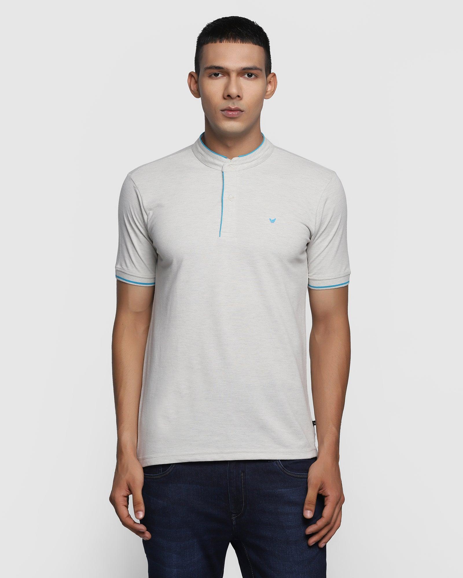 Mandarin Collar Grey Melange Solid T Shirt - Dom