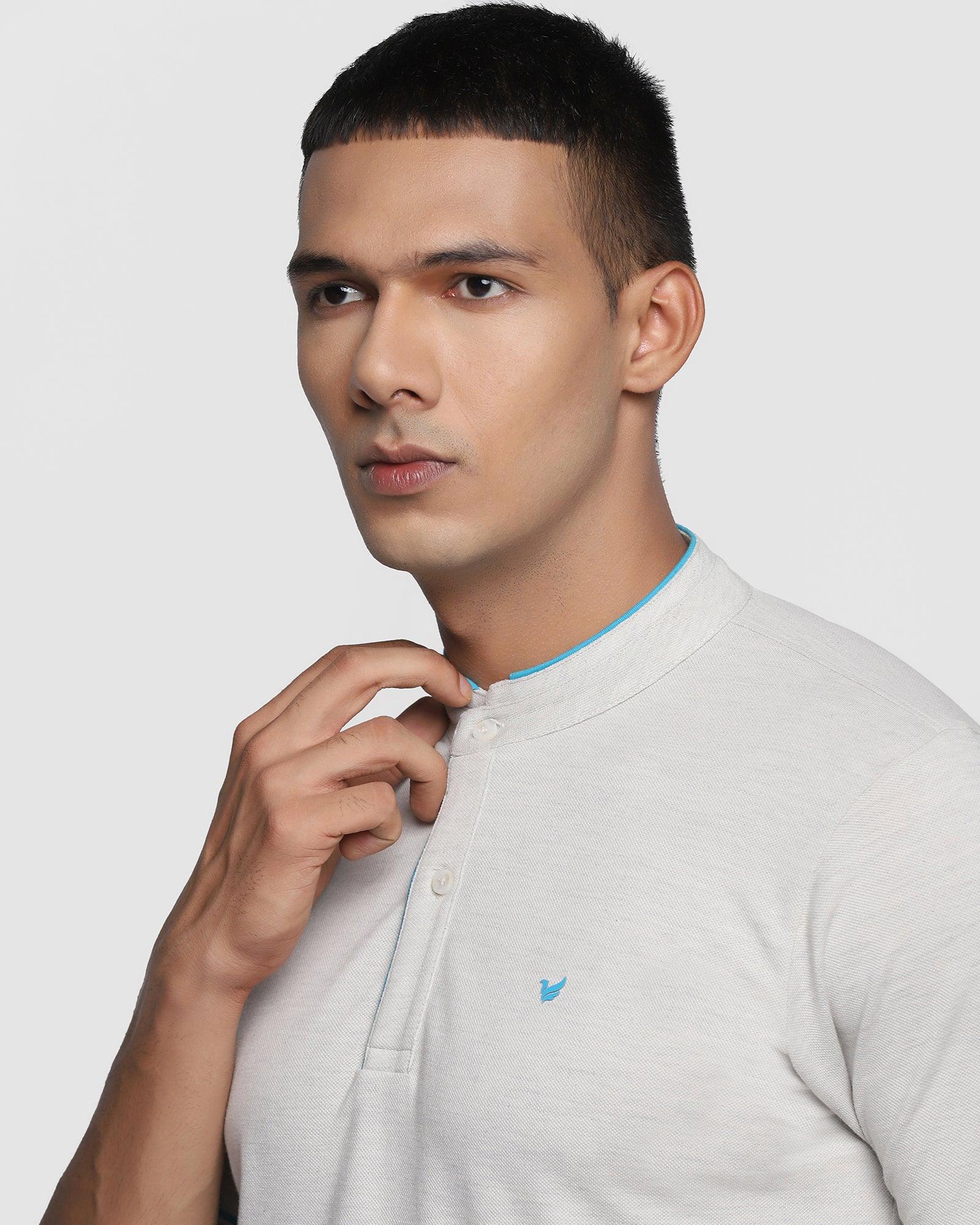 Mandarin Collar Grey Melange Solid T Shirt - Dom