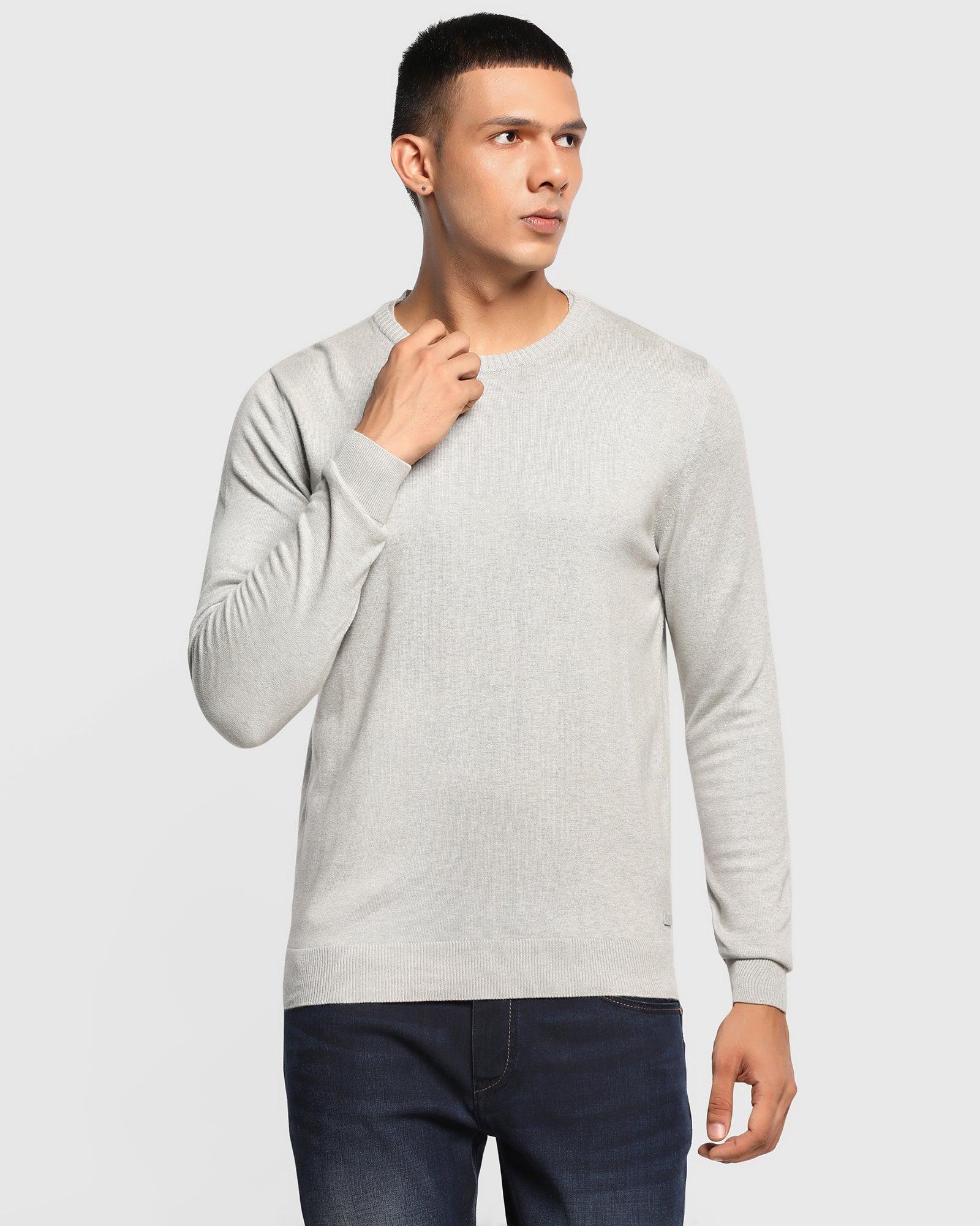 Crew Neck Light Grey Melange Solid Sweater - Alex