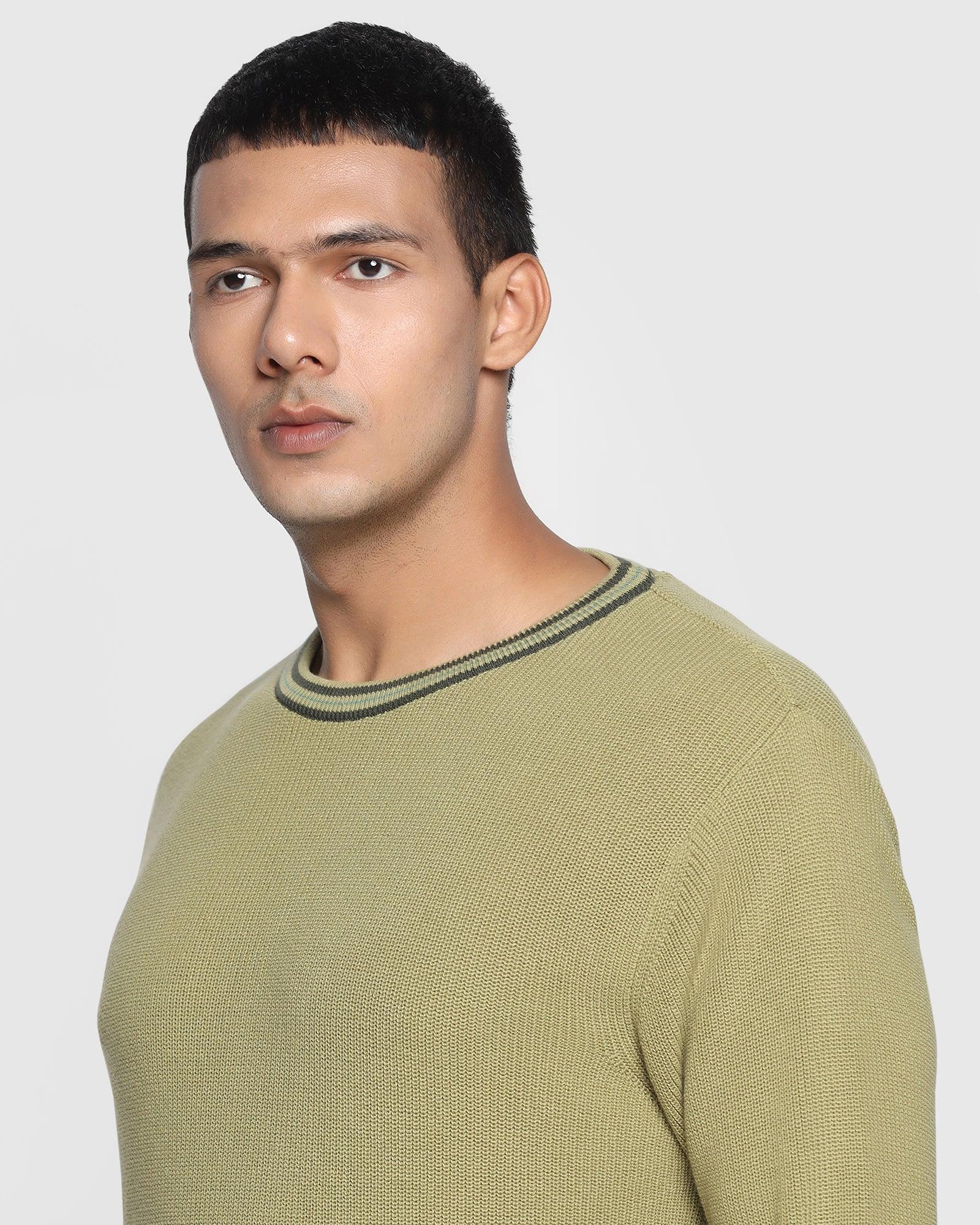 Crew Neck Moss Green Solid Sweater - Bonne