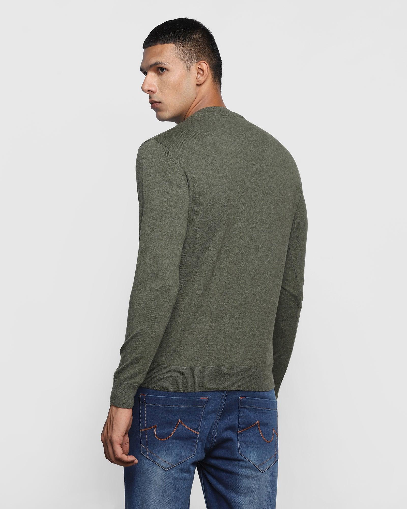 Crew Neck Olive Solid Sweater - Alex