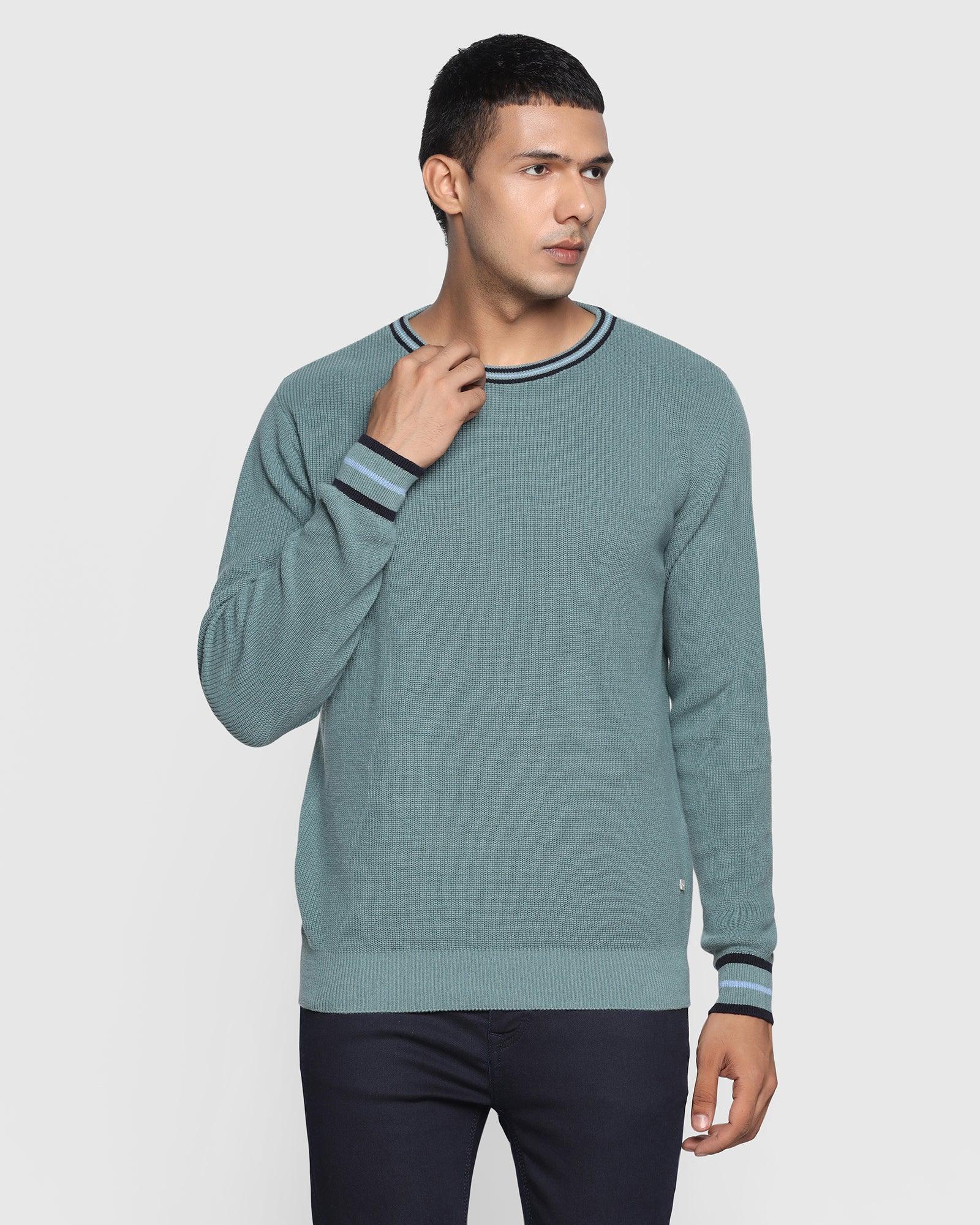 Crew Neck Placid Blue Solid Sweater - Bonne