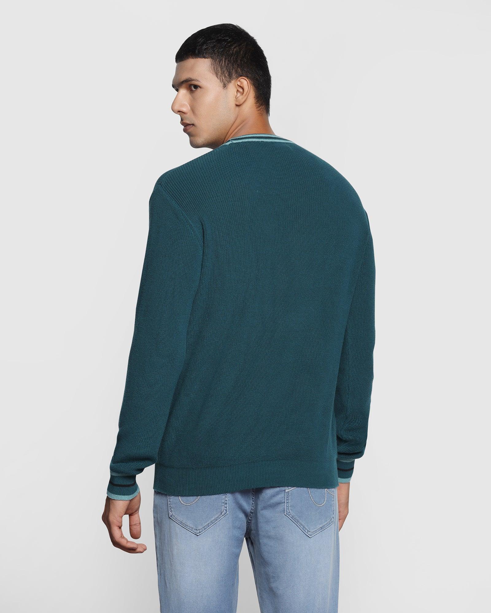 Crew Neck Teal Green Solid Sweater - Bonne
