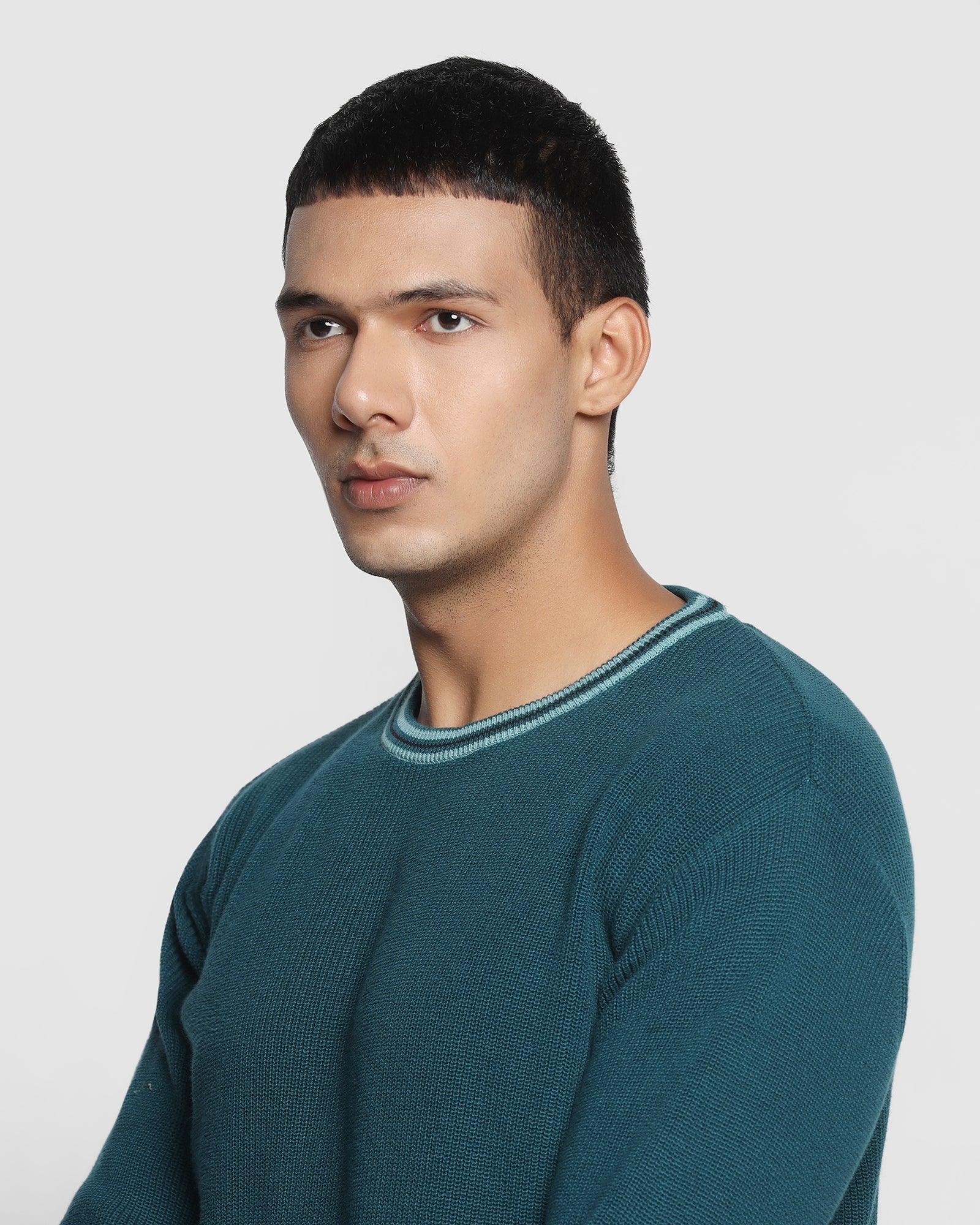 Crew Neck Teal Green Solid Sweater - Bonne