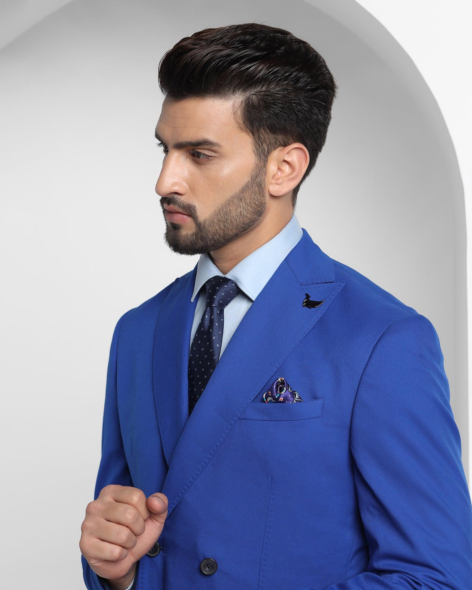 Double Breasted Two Piece Royal Blue Solid Formal Suit - Elmund