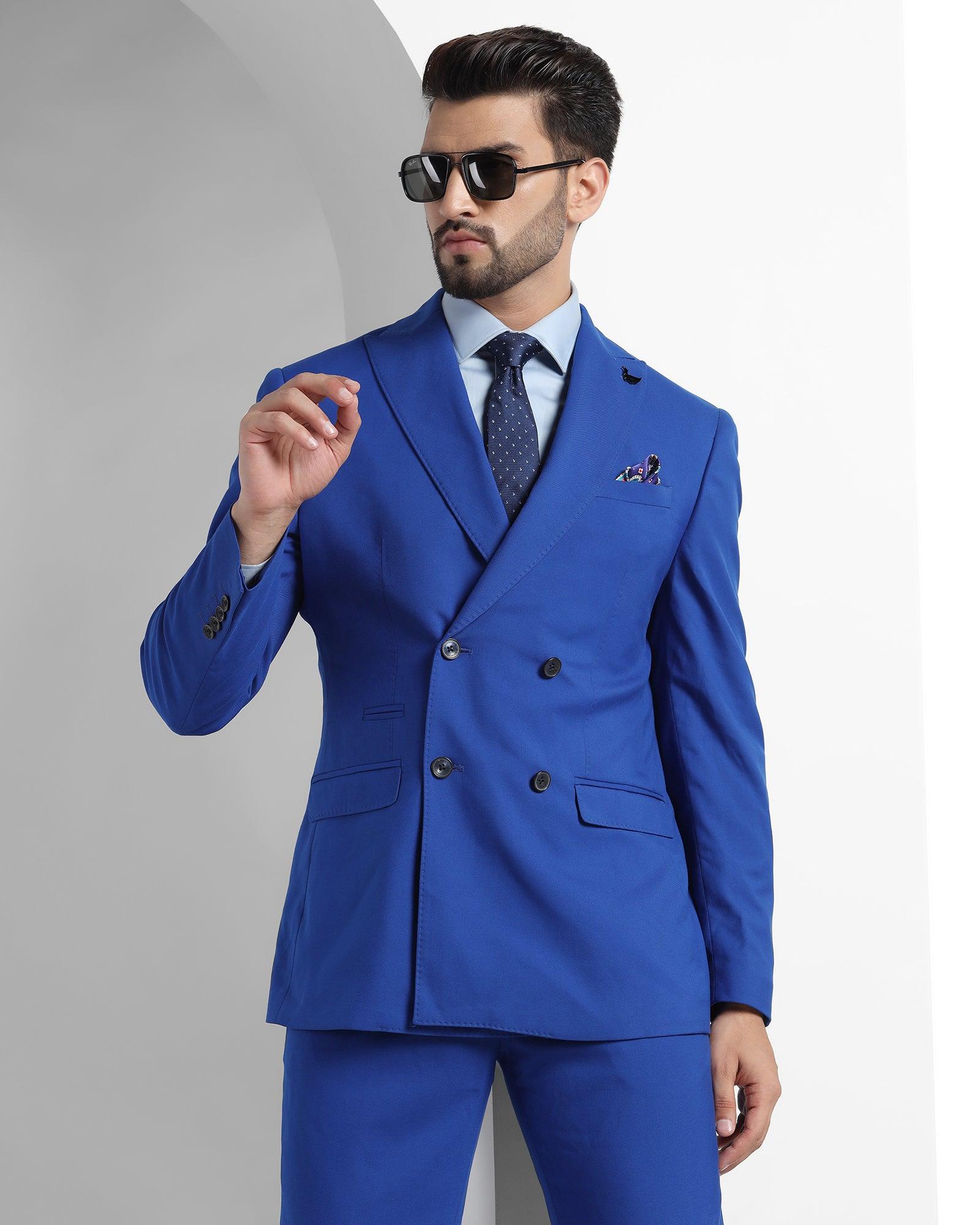 Double Breasted Two Piece Royal Blue Solid Formal Suit - Elmund