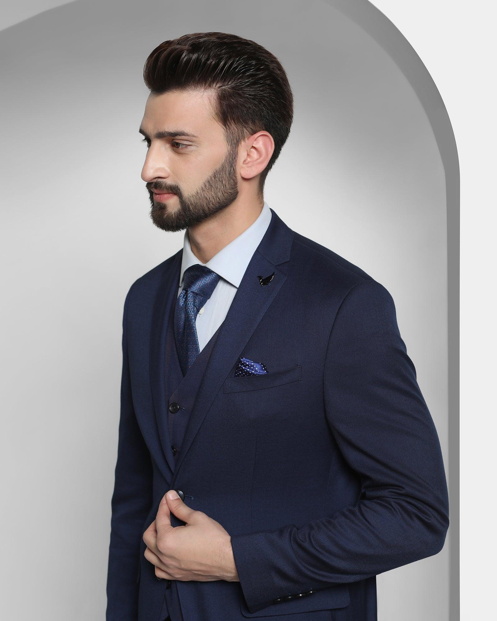Three Piece Dark Blue Solid Formal Suit - Cabbot