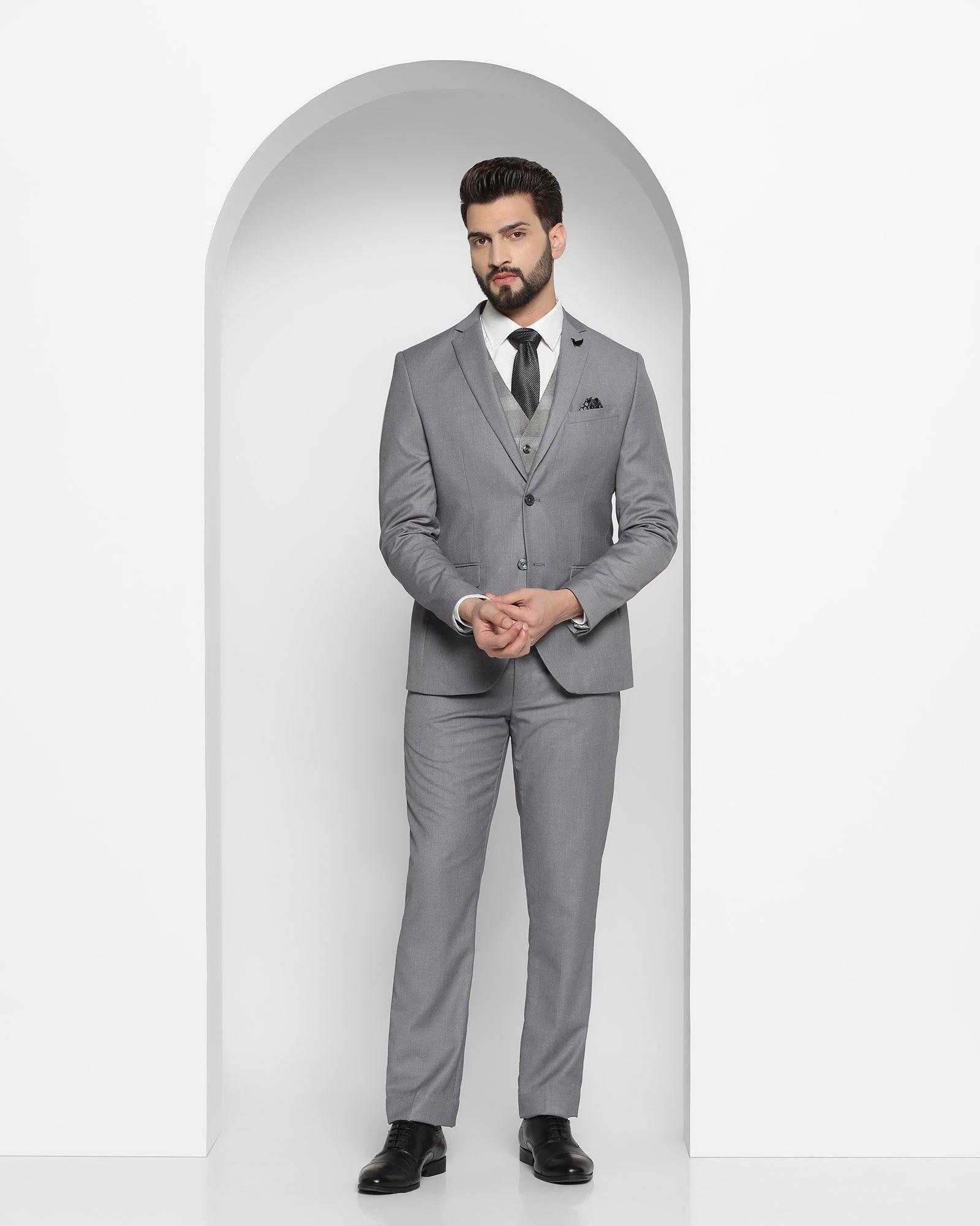 Three Piece Grey Solid Formal Suit - Cabbot