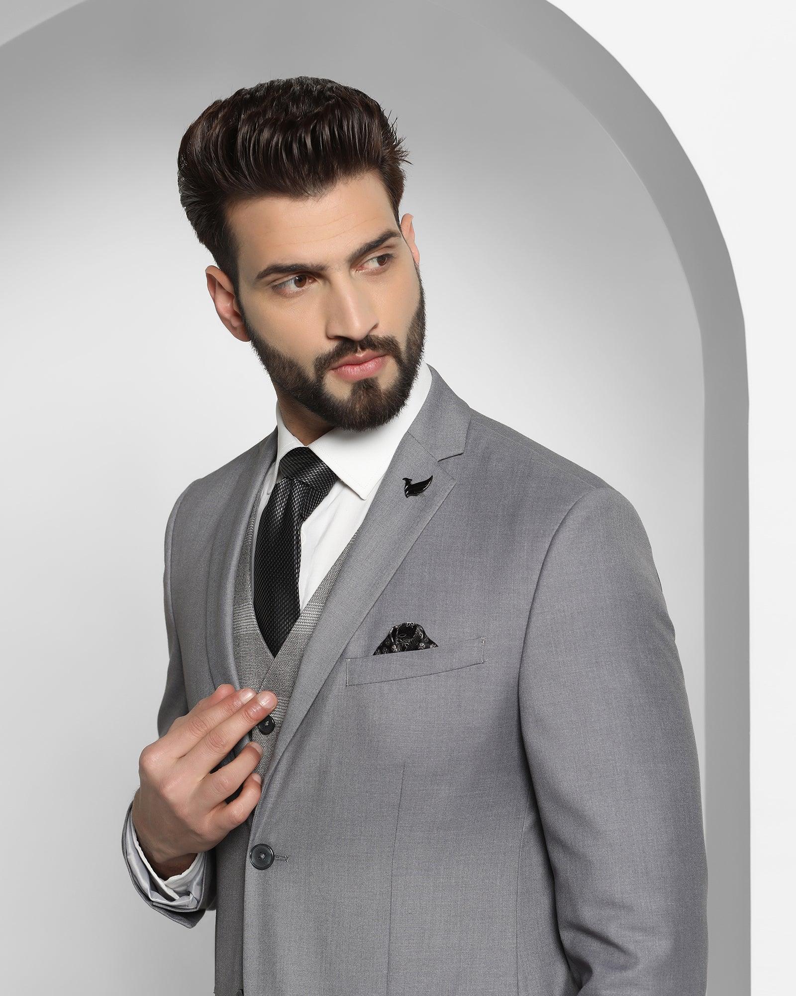 Three Piece Grey Solid Formal Suit - Cabbot